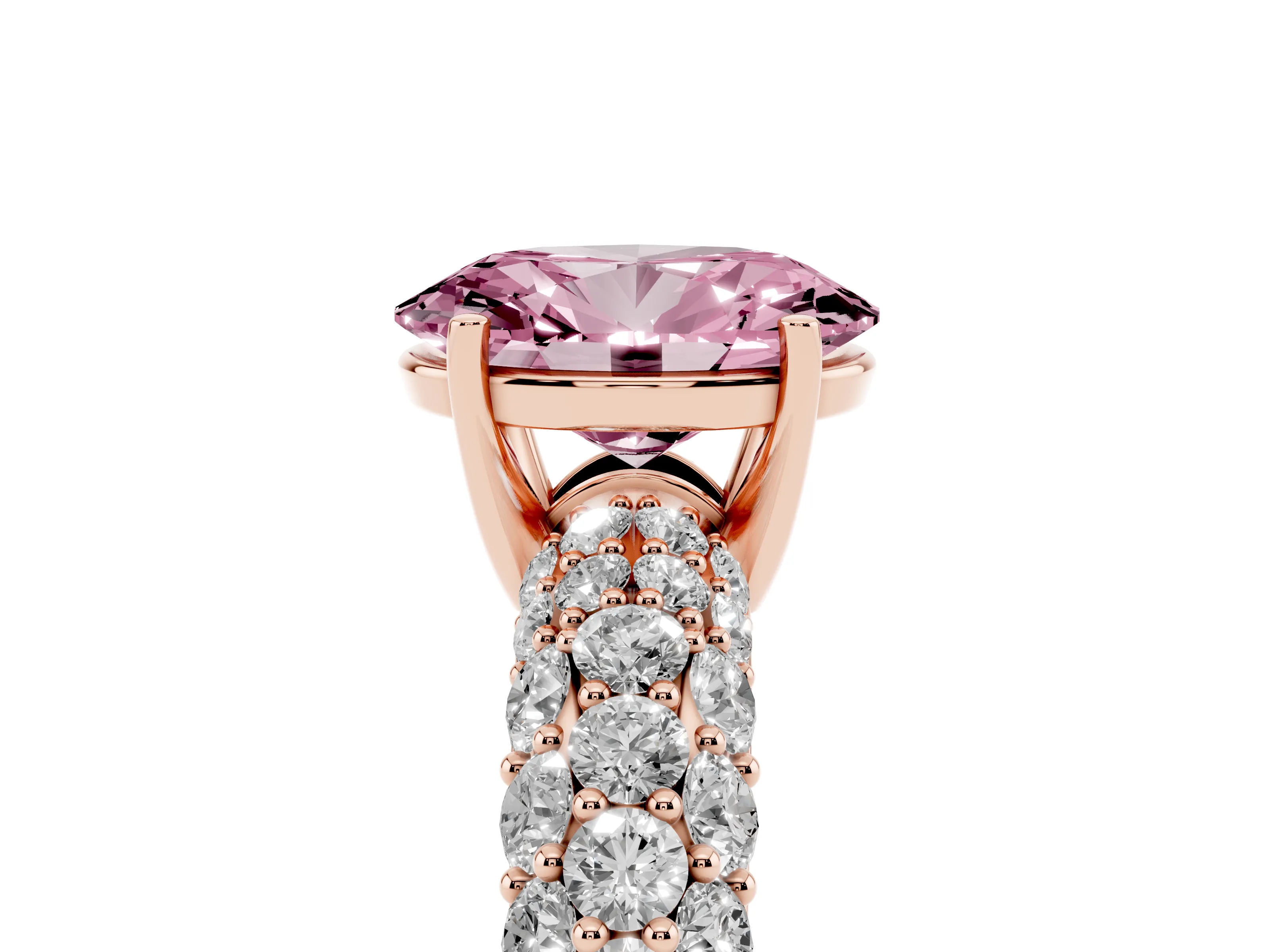 Fancy Pink Oval Cut Diamond Pavé Band Solitaire Ring Set in Rose gold with Close-Set Accent Stones and Prong Setting
