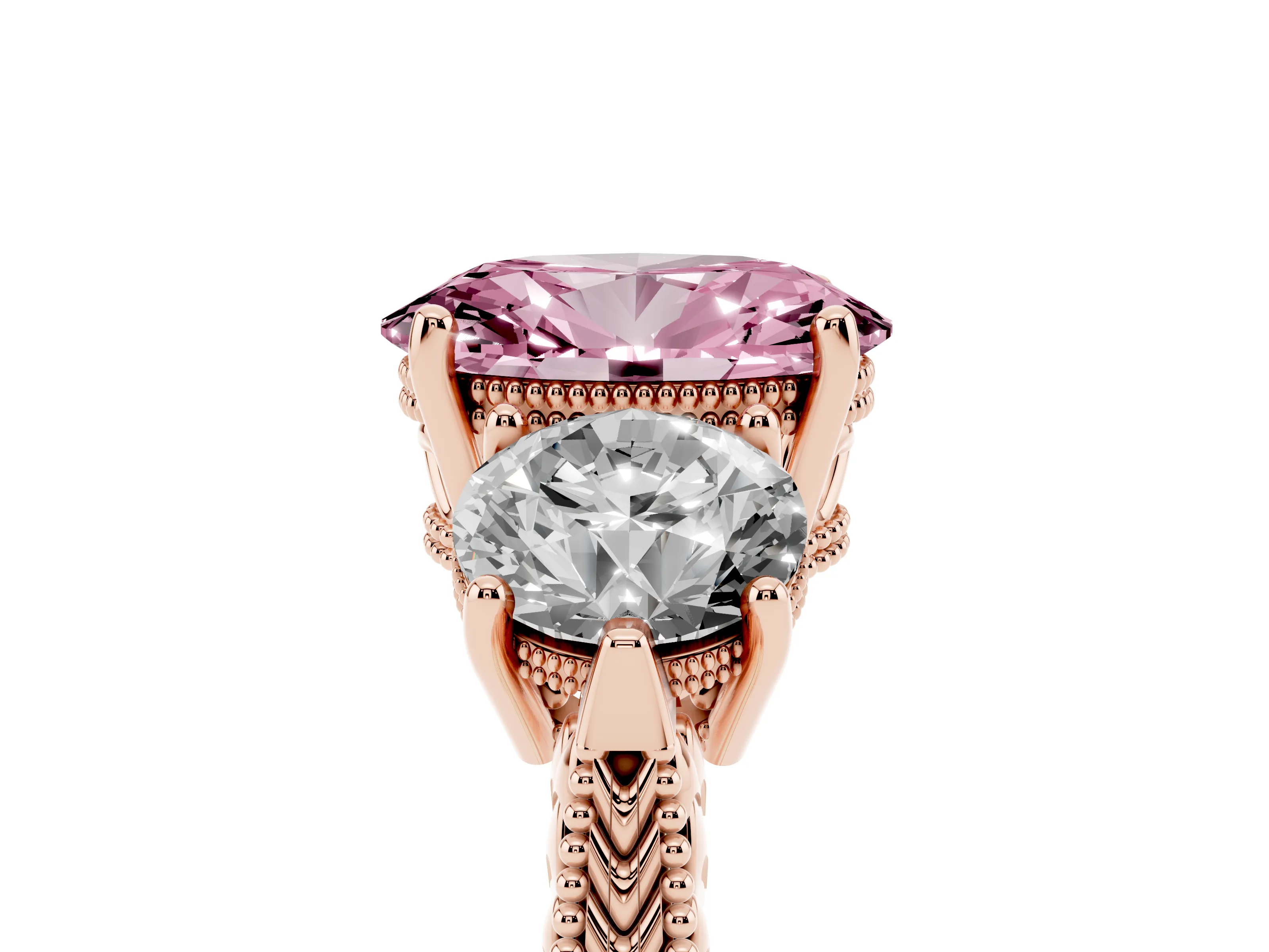 Fancy Pink Oval Cut Diamond Three-Stone Ring Set in Rose gold with Milgrain Band