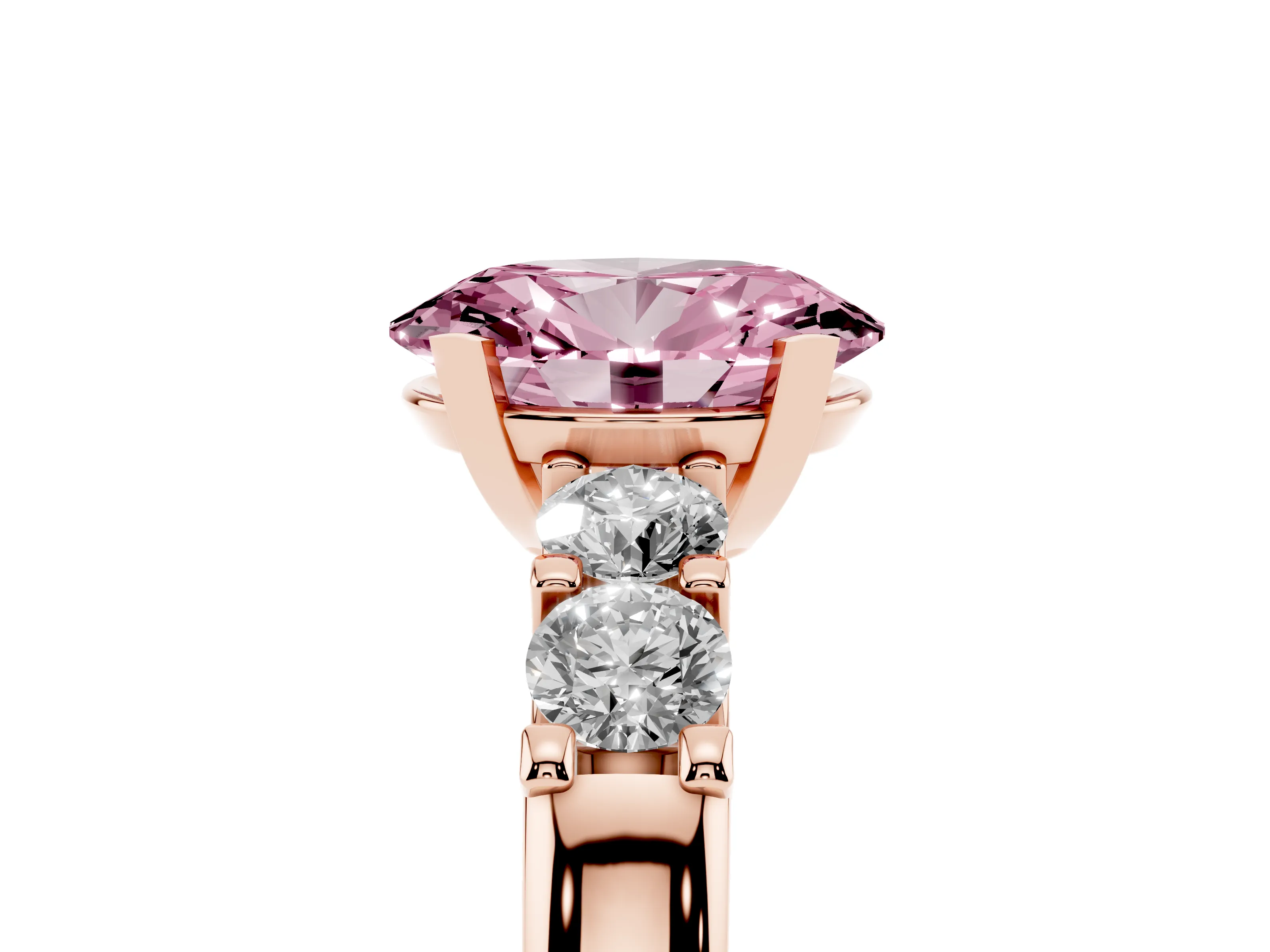 Fancy Pink Oval Cut Diamond Five-Stone Prong Set Engagement Ring Set in Rose gold with Channel Band