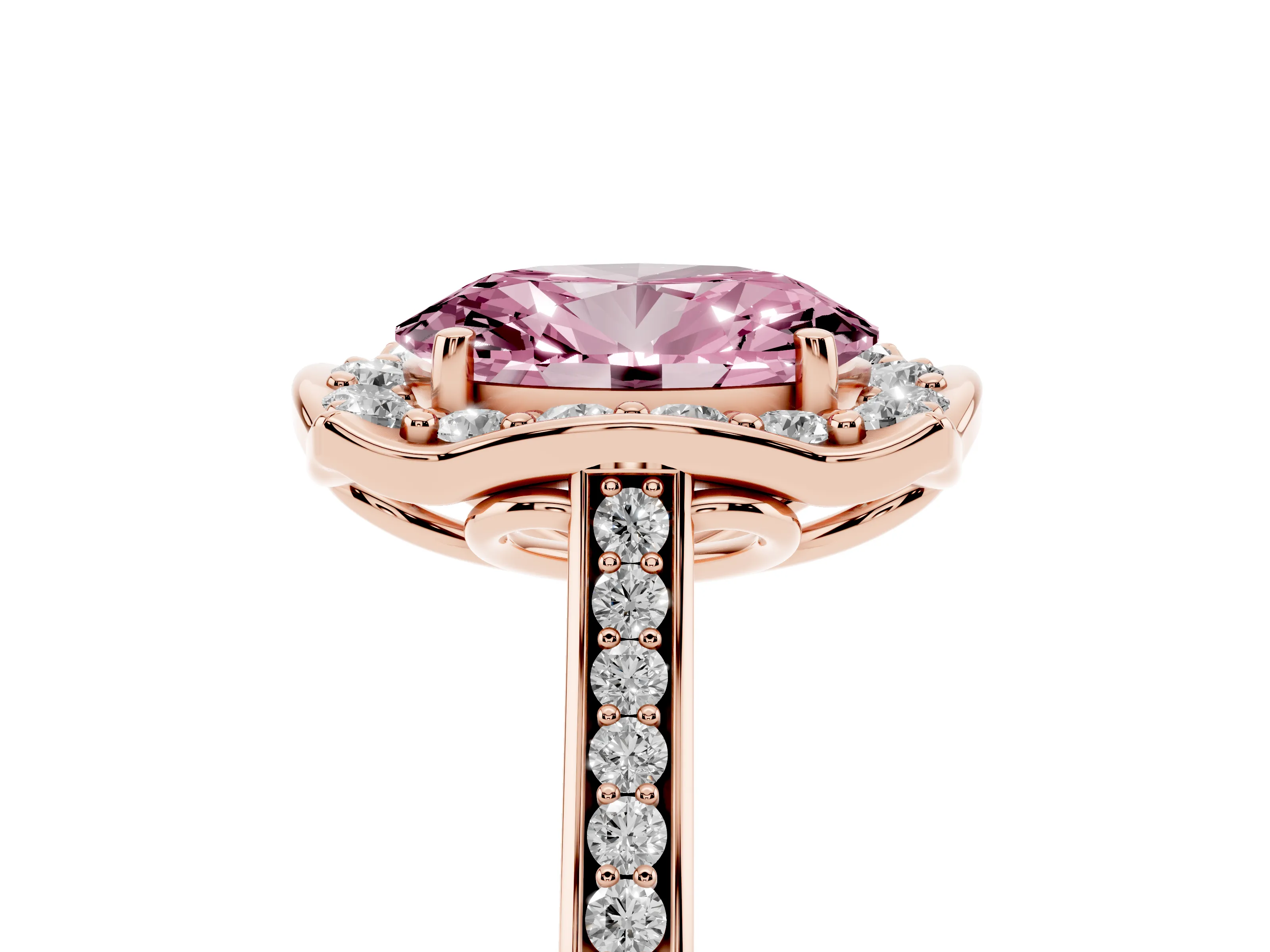 Fancy Pink Oval Cut Diamond Halo Ring Set in Rose gold with Pavé-Lined Shoulders and Prong Setting