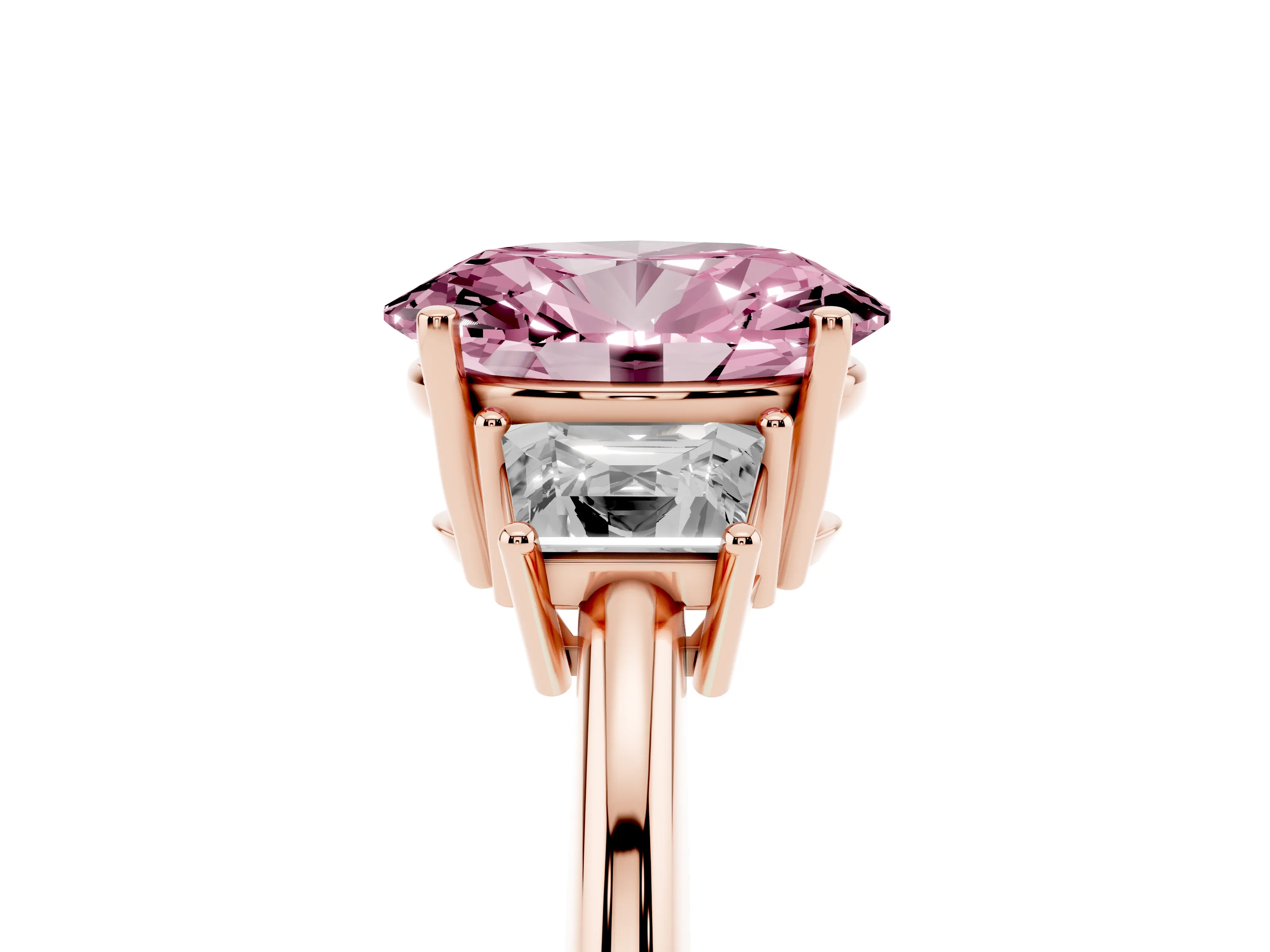 Fancy Pink Oval Cut Diamond Three-Stone Ring Set in Rose gold with Trapezoid Side Stones and Prong Setting