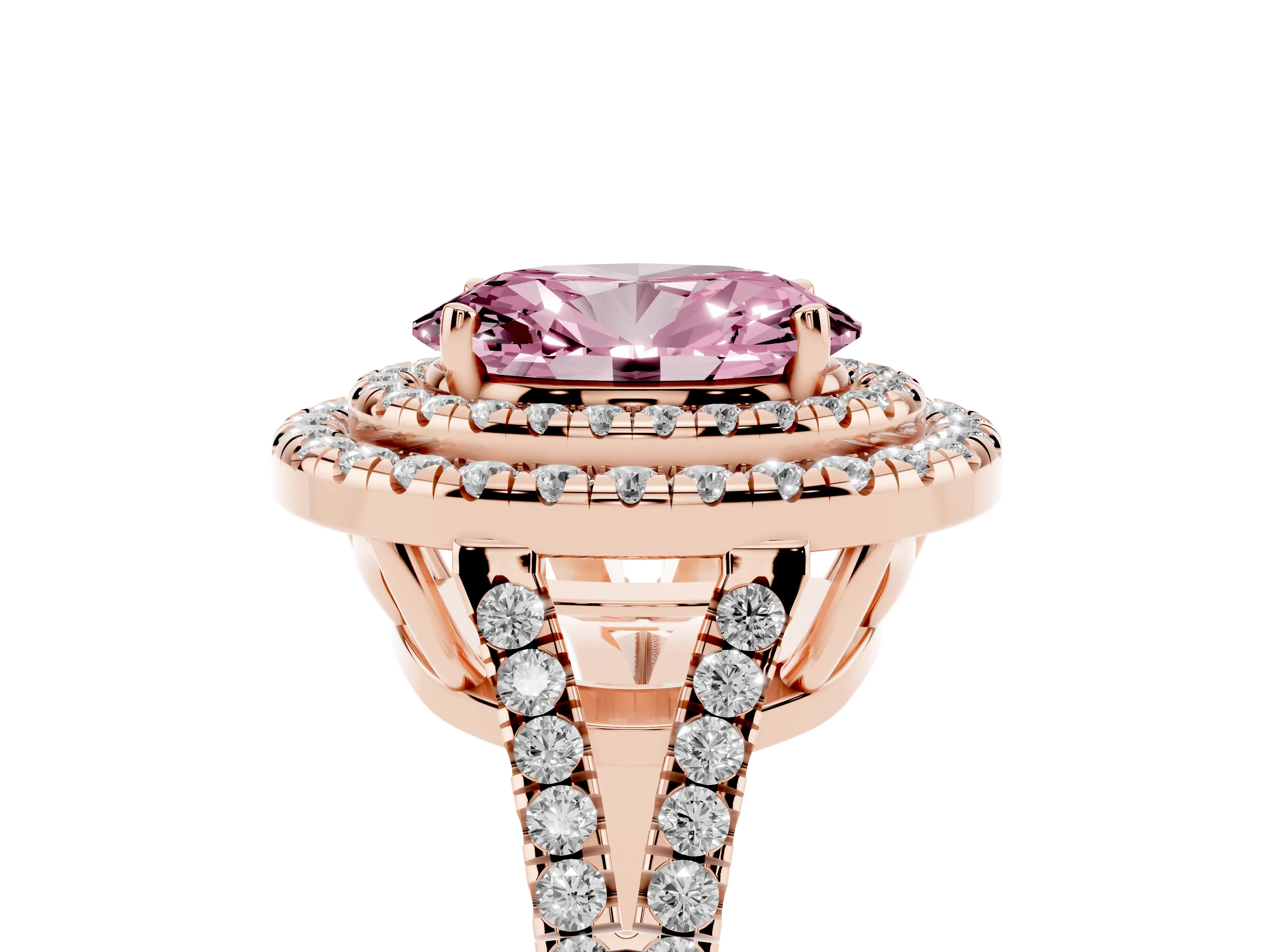 Fancy Pink Oval Cut Diamond Double Halo Ring Set in Rose gold with Pavé Band