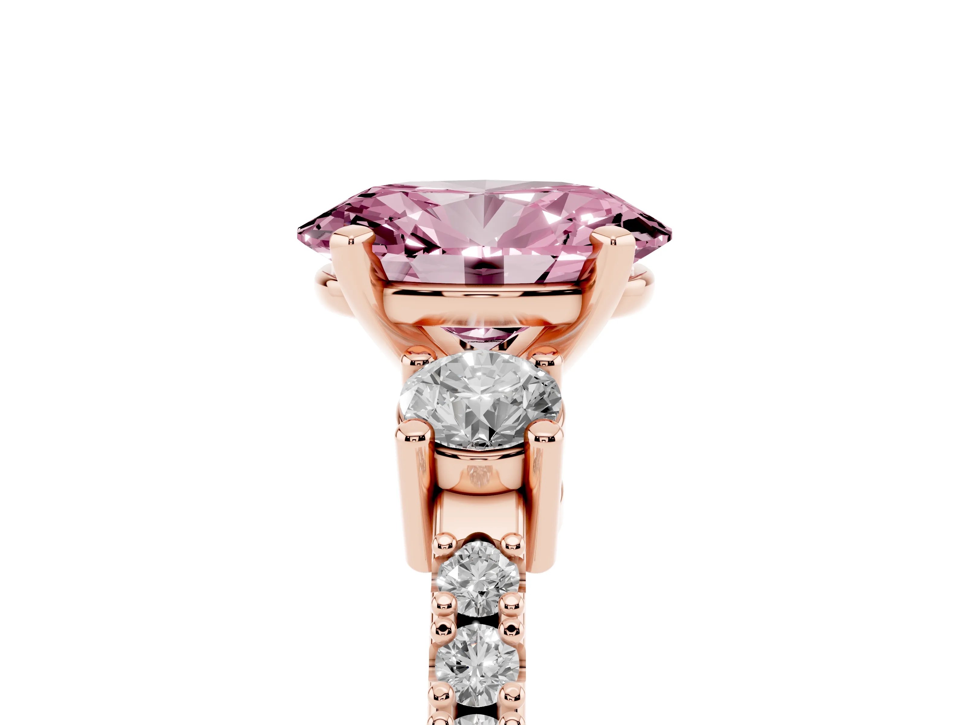 Fancy Pink Three-Stone Oval Cut Diamond Pavé Band Ring Set in Rose gold with Prong Setting