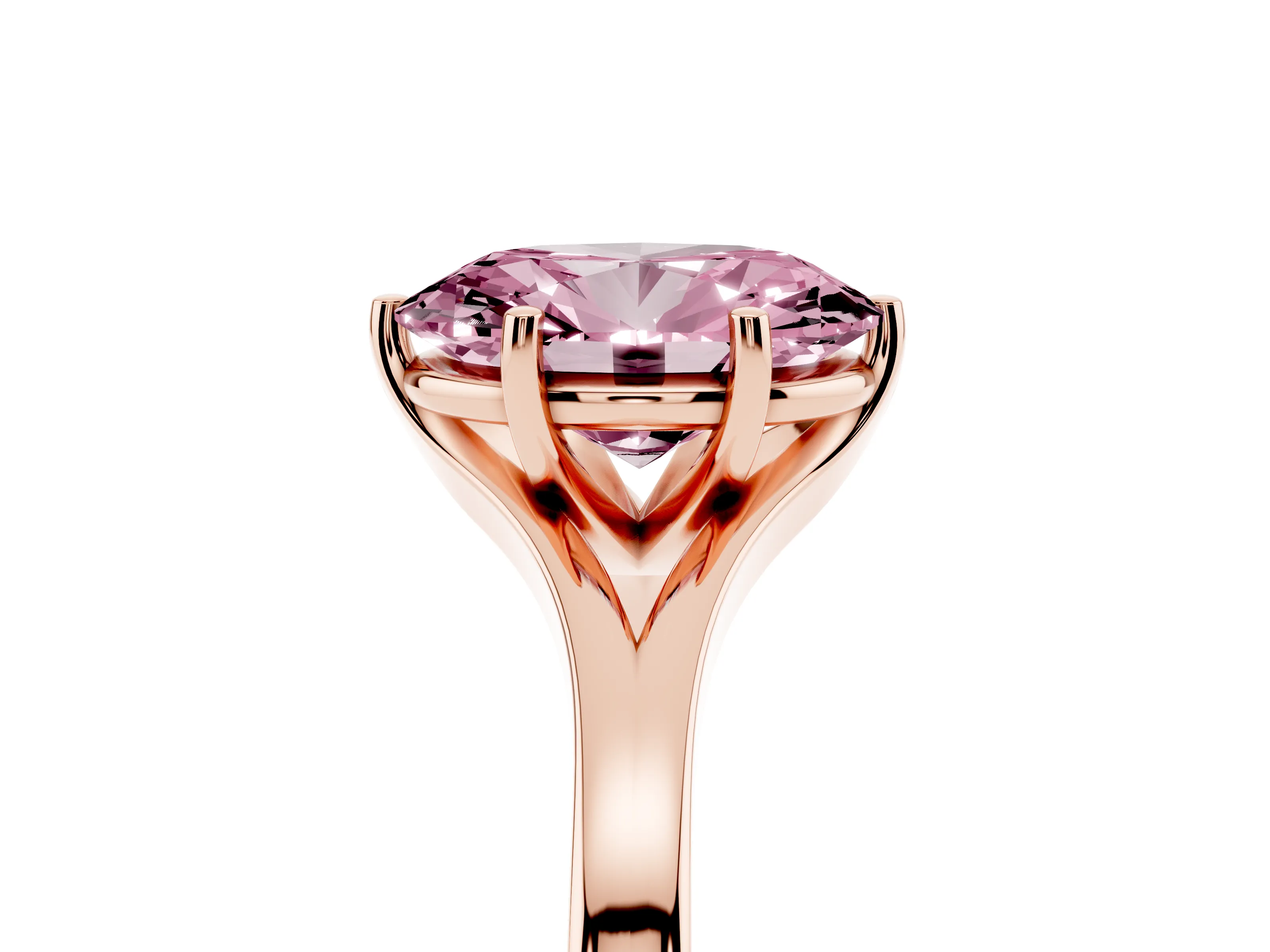 Fancy Pink Oval Cut Diamond Solitaire Ring Set in Rose gold with Polished Tapered Band and Prong Setting