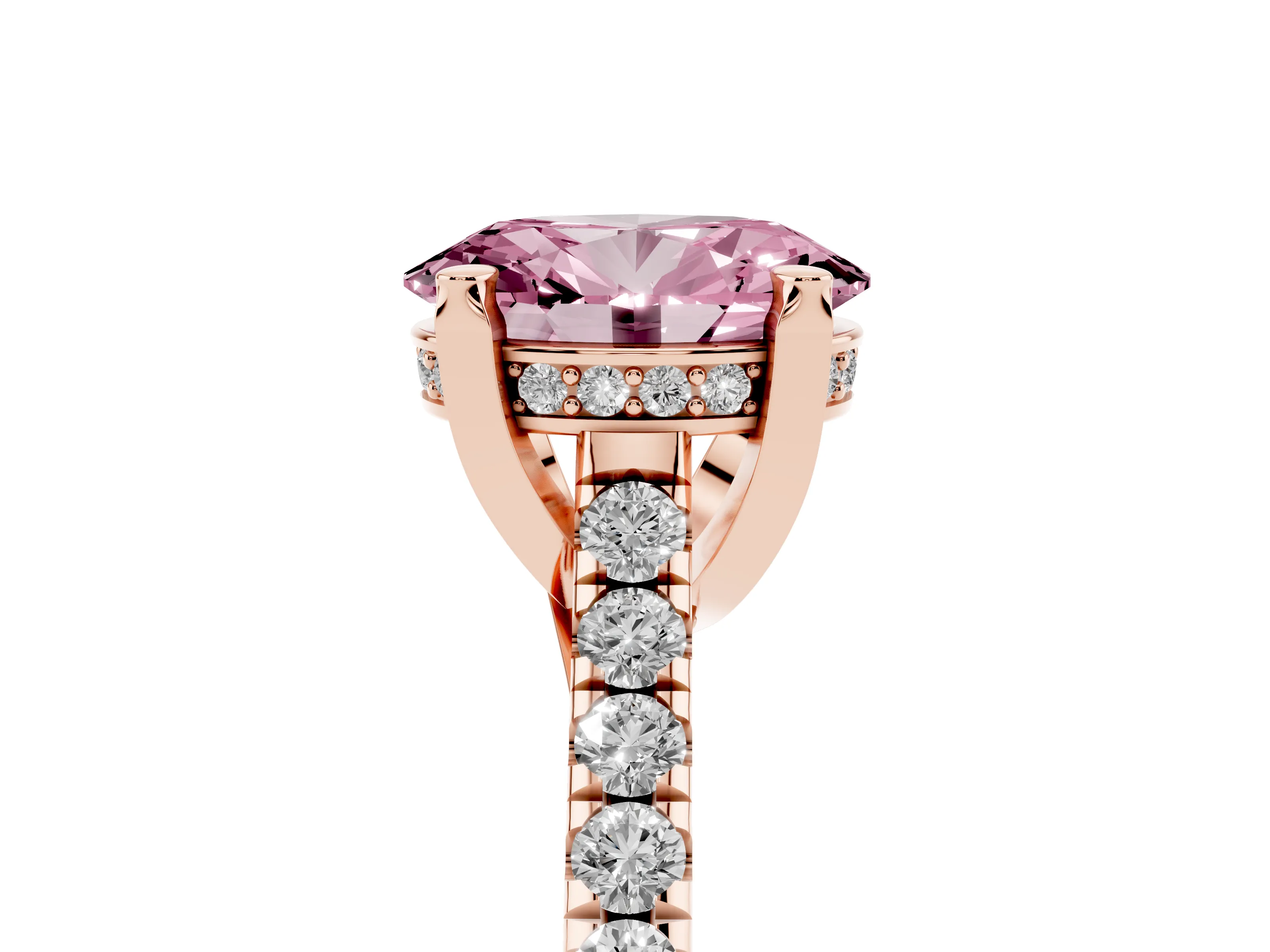 Fancy Pink Oval Cut Diamond Solitaire Ring Set in Rose gold with Brilliant Pavé Band and Prong Setting