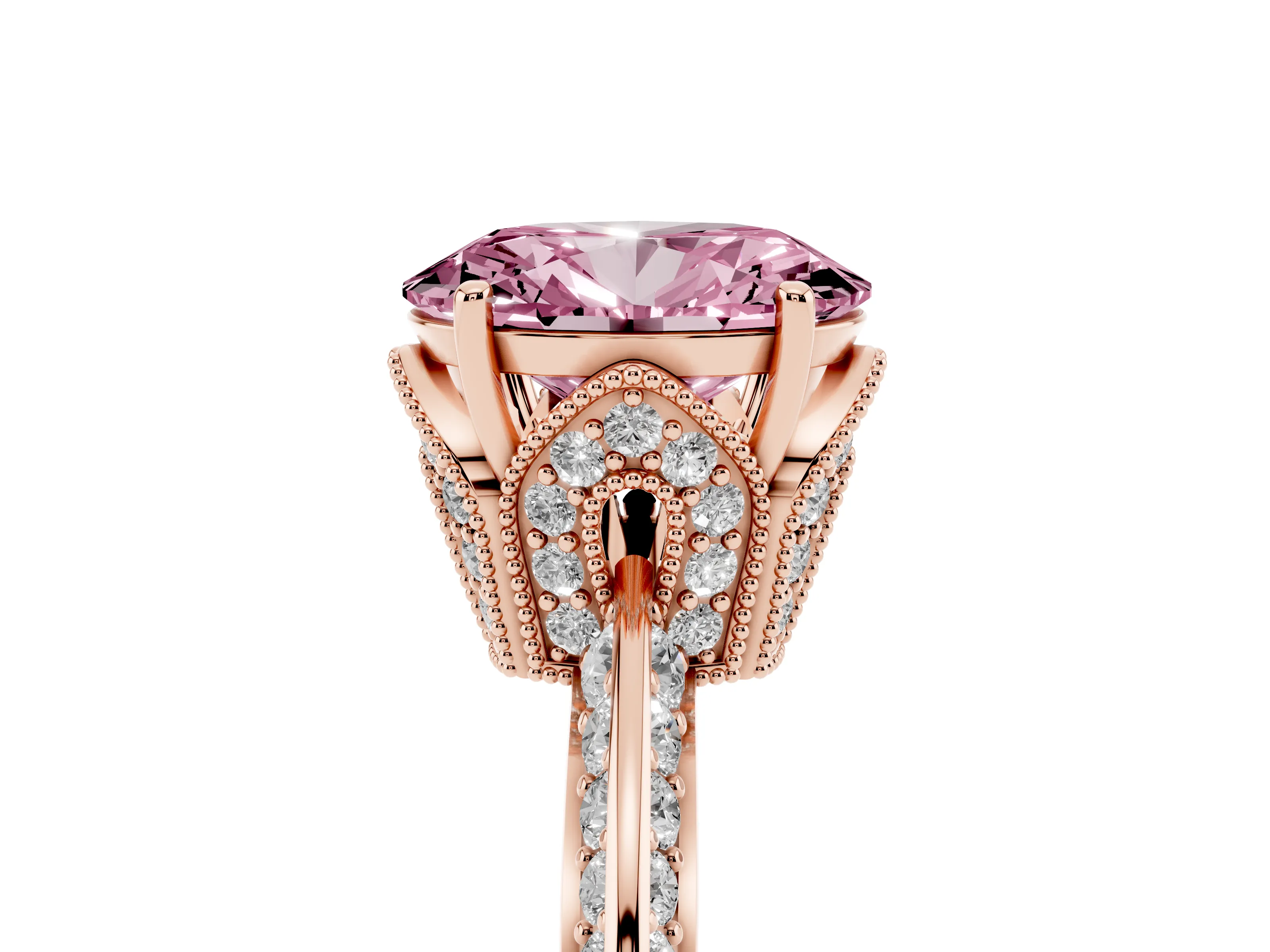Fancy Pink Oval Cut Diamond Solitaire Engagement Ring Set in Rose gold with Pavé Split Shank and Prong Setting