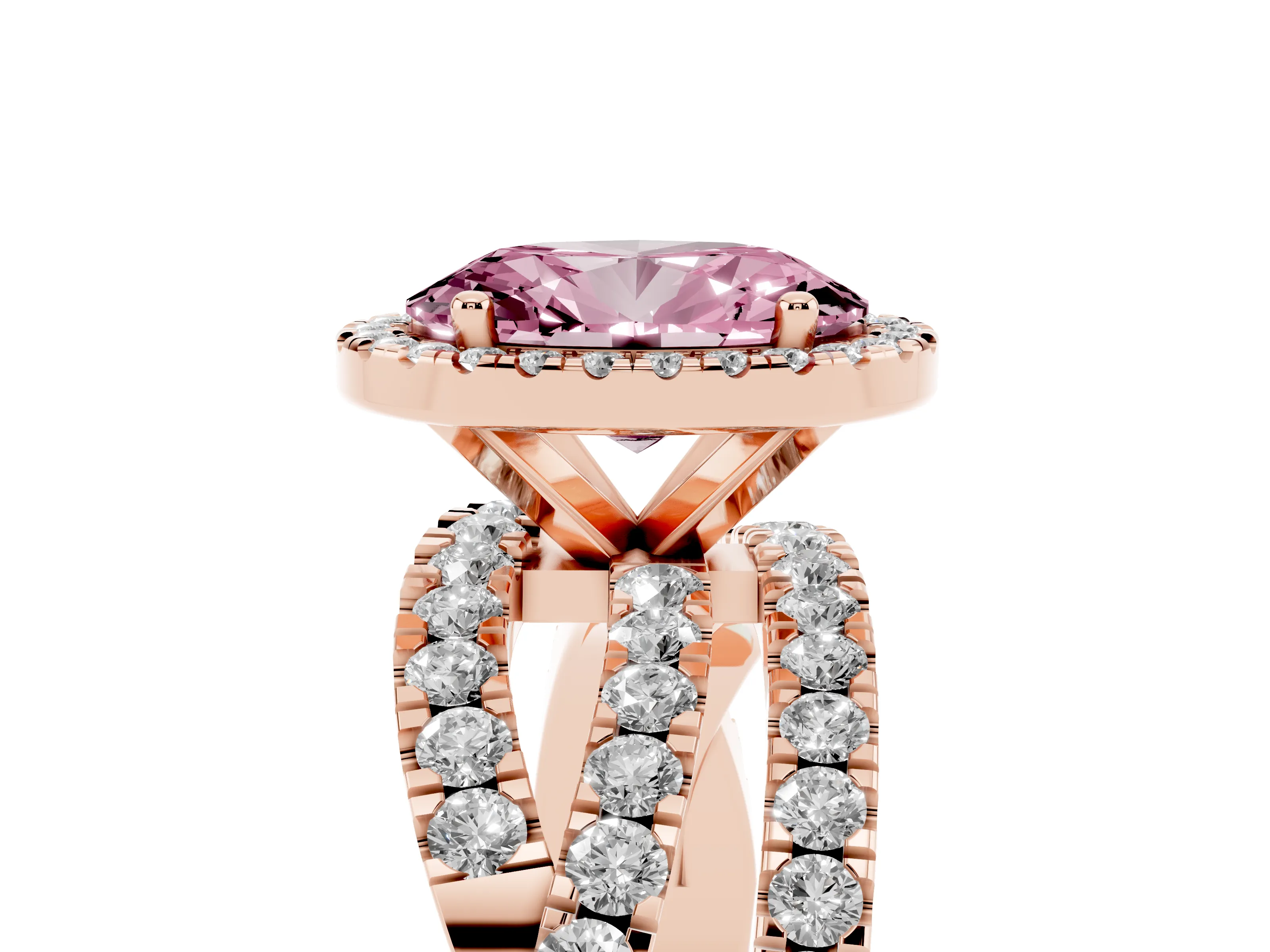 Fancy Pink Oval Cut Diamond Halo Ring Set in Rose gold with Round Crossover Split Shank and Prong Setting