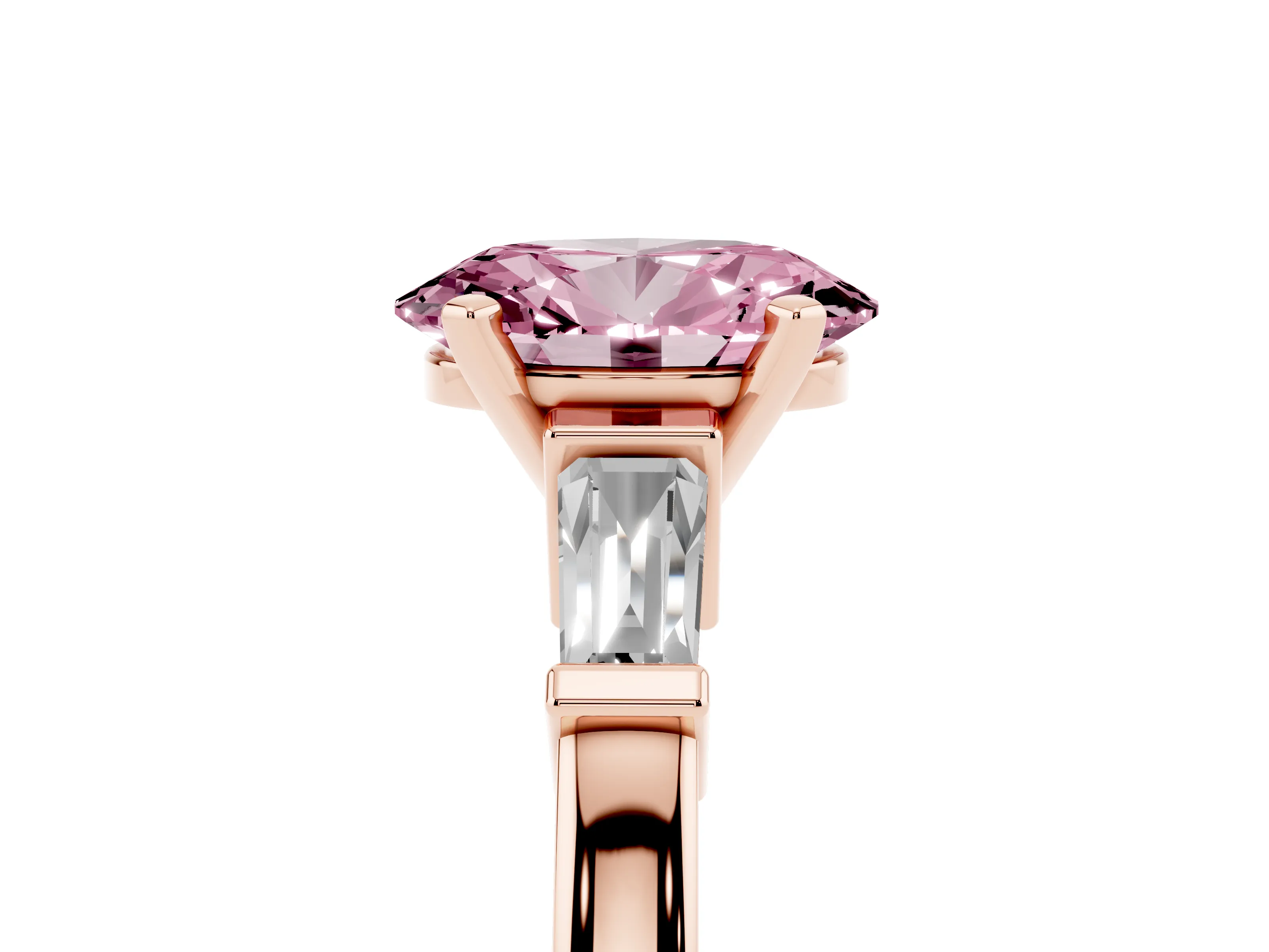Fancy Pink Oval Cut Diamond Solitaire Ring Set in Rose gold with Tapered Baguette Accents and Prong Setting