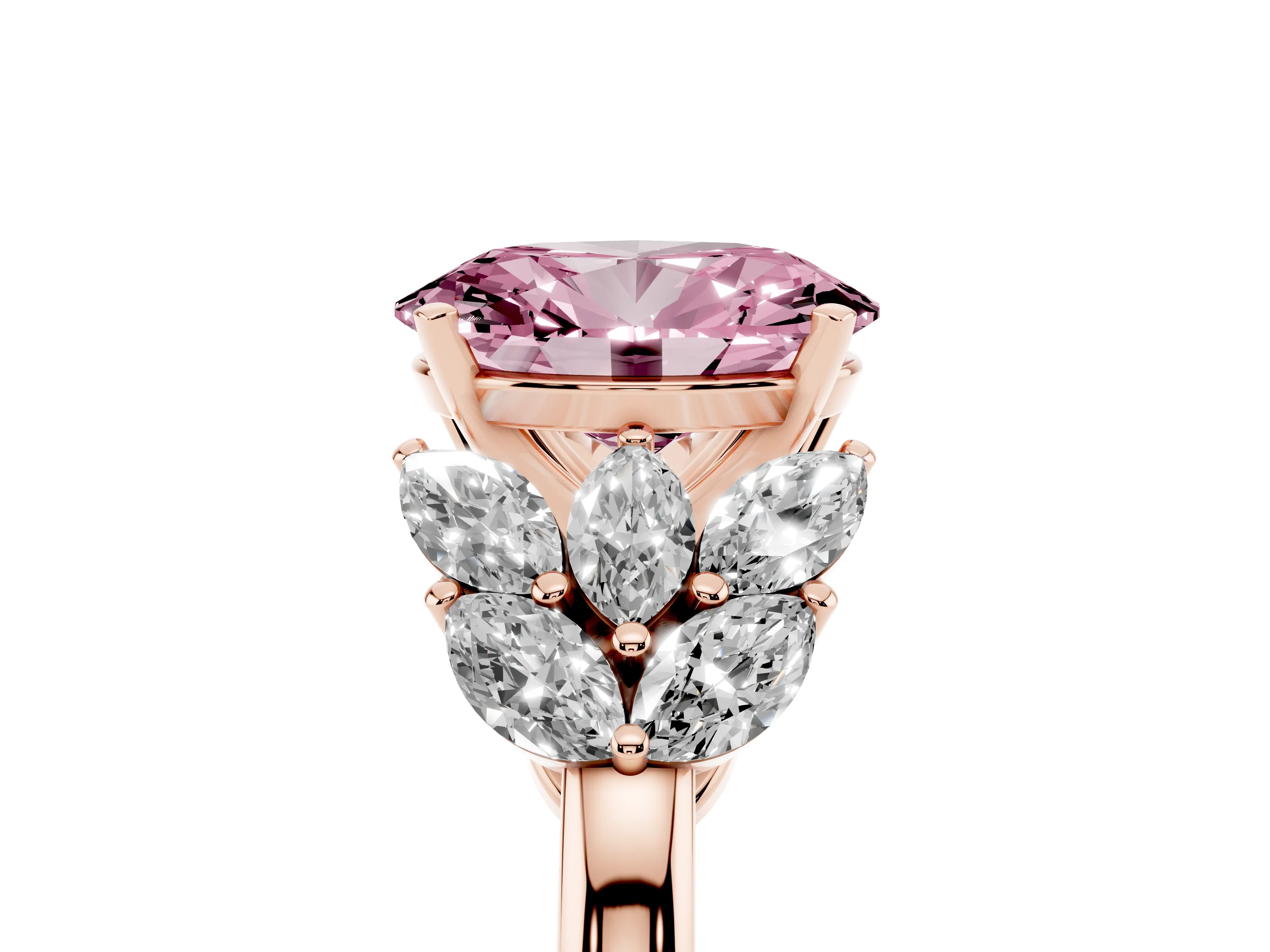 Fancy Pink Oval Cut Diamond Cluster Leaf Design Ring Set in Rose gold with Prong Setting