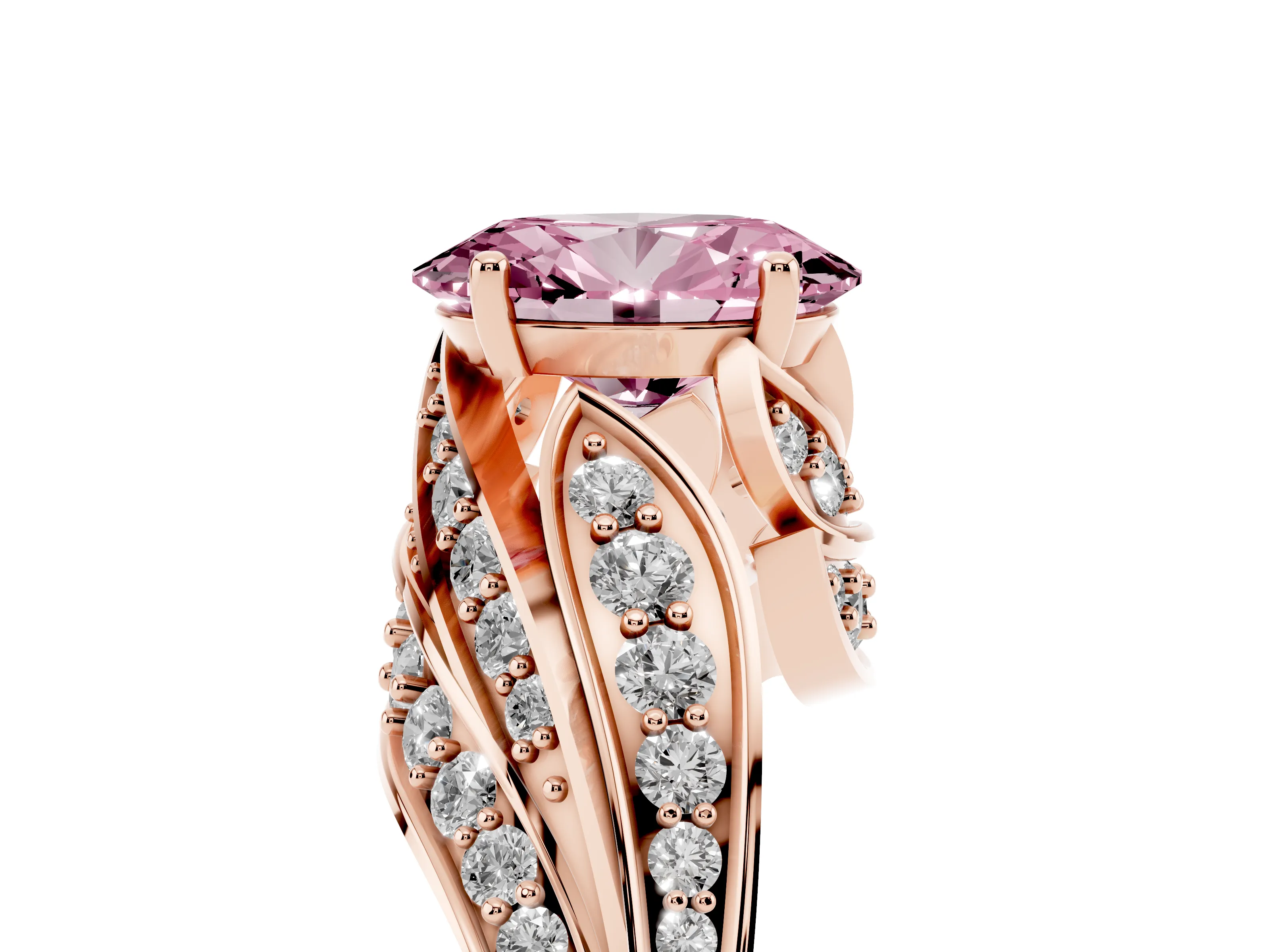 Fancy Pink Oval Cut Diamond Solitaire Ring Set in Rose gold with Layered Twist Pavé Band