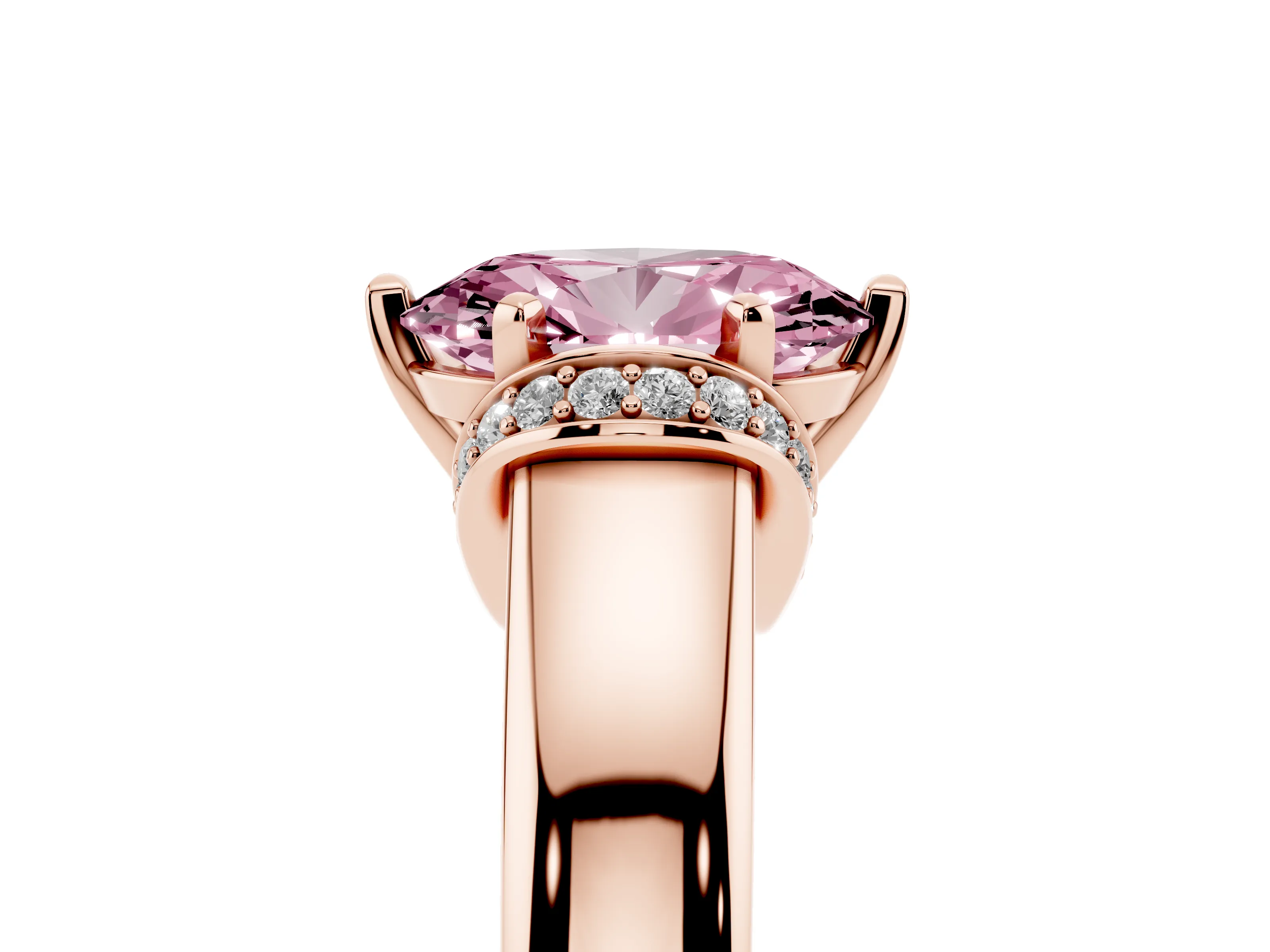 Fancy Pink Oval Cut Diamond Pavé Band Solitaire Ring Set in Rose gold with Prong Setting