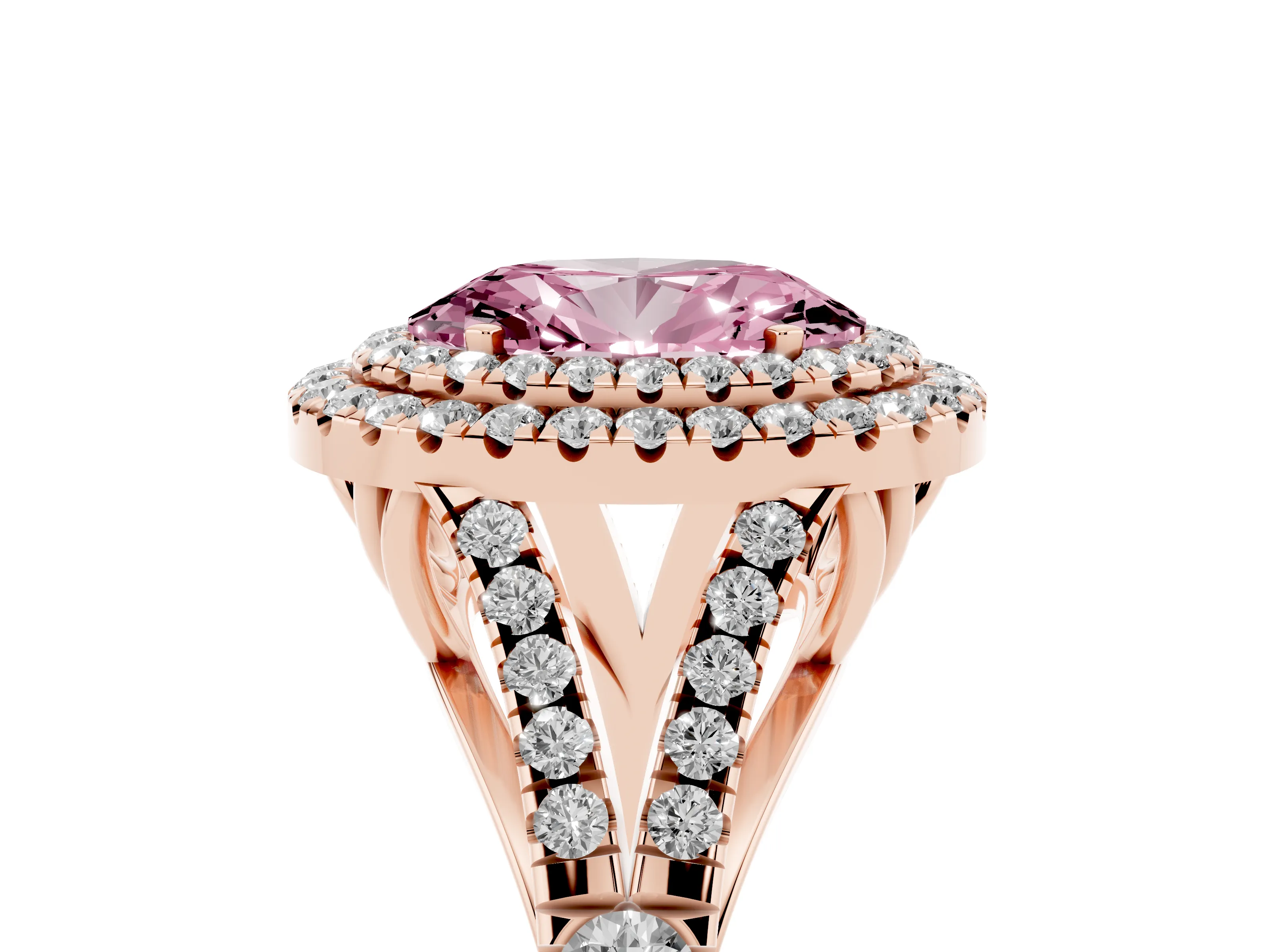 Fancy Pink Oval Cut Diamond Pavé Split Shank Double Halo Engagement Ring Set in Rose gold