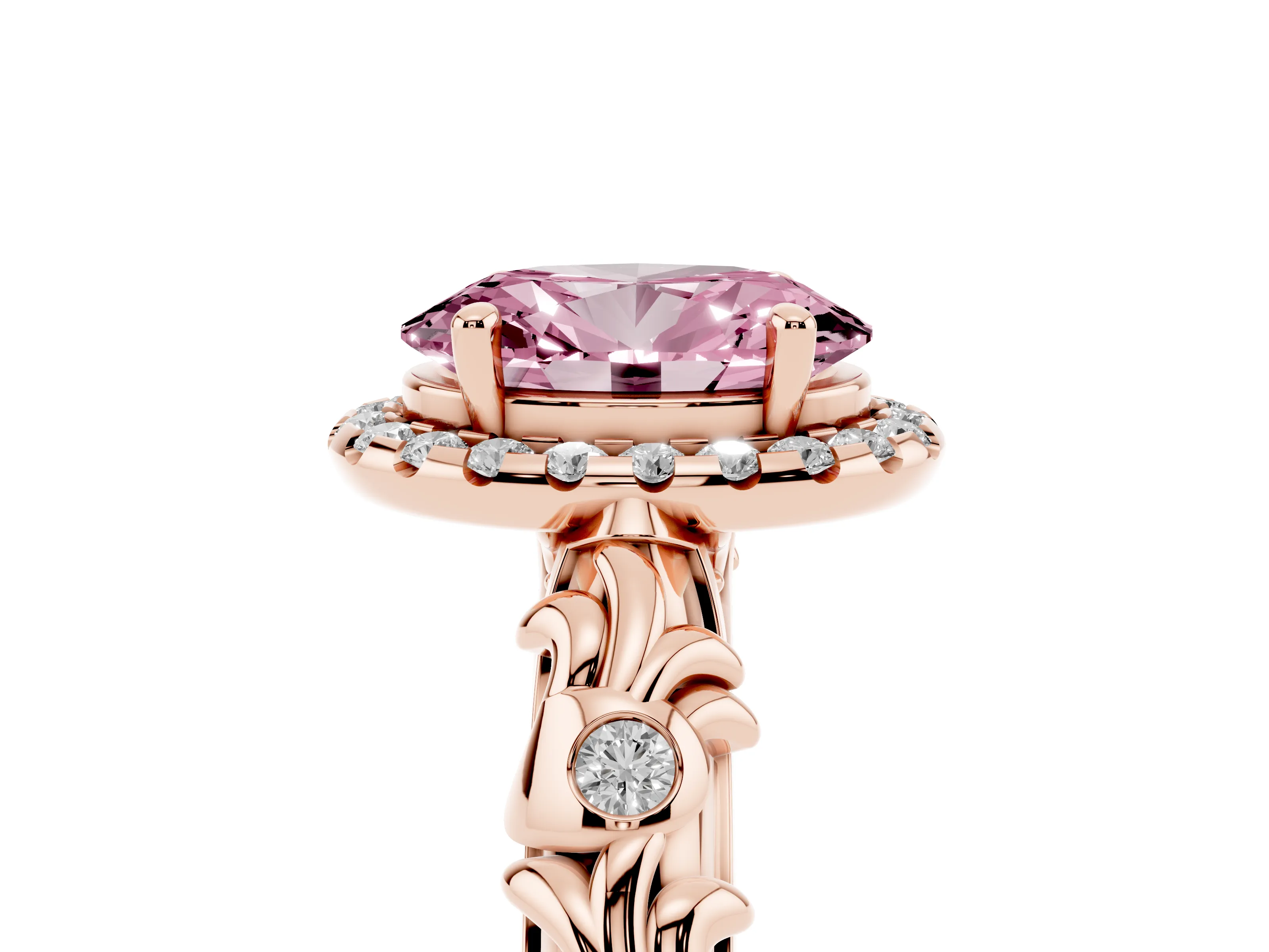 Fancy Pink Oval Cut Diamond Halo Ring Set in Rose gold with Filigree Leaf Band and Prong Setting
