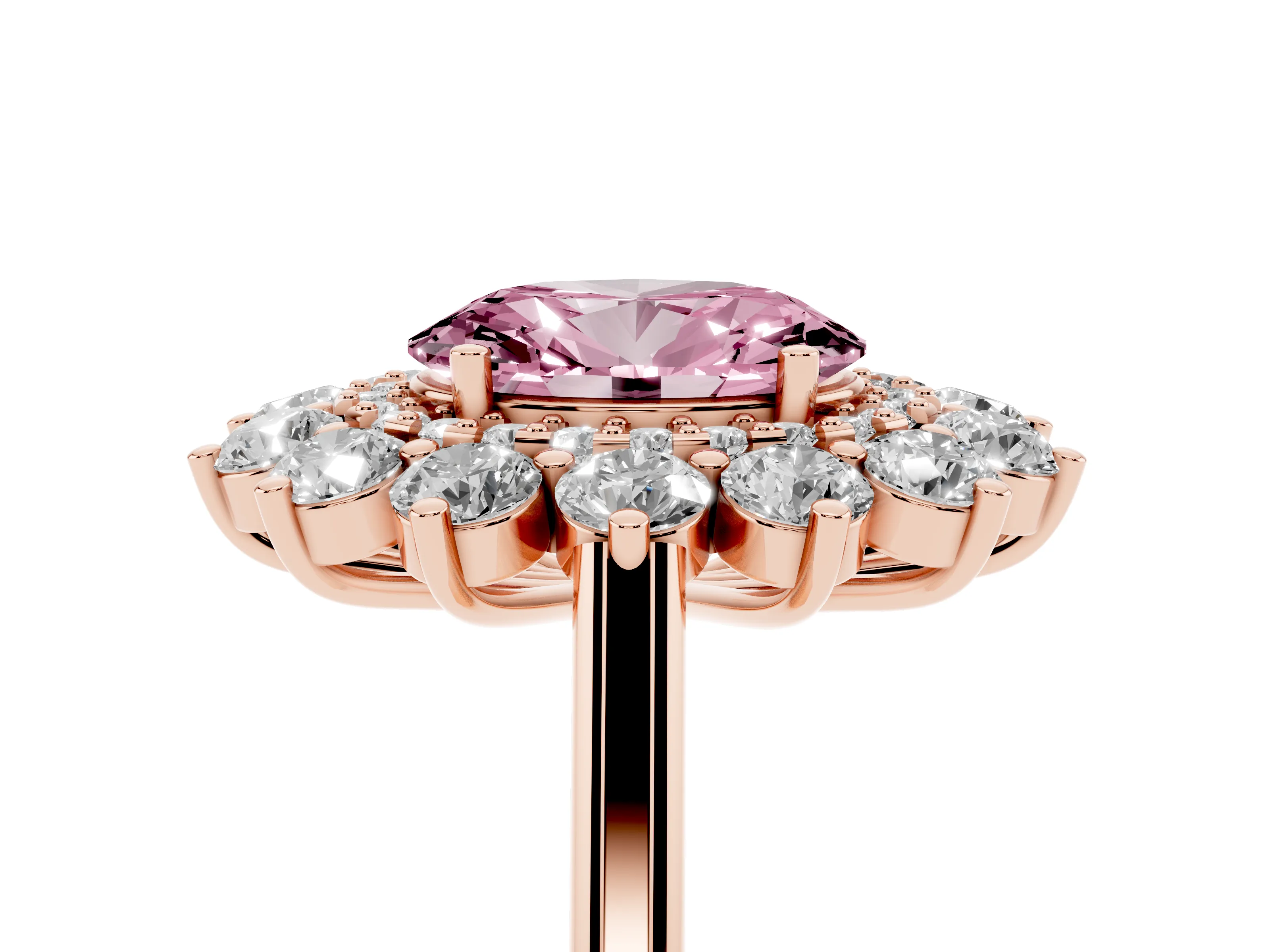 Fancy Pink Oval Cut Diamond Floral Double Halo Ring Set in Rose gold with Round Petals