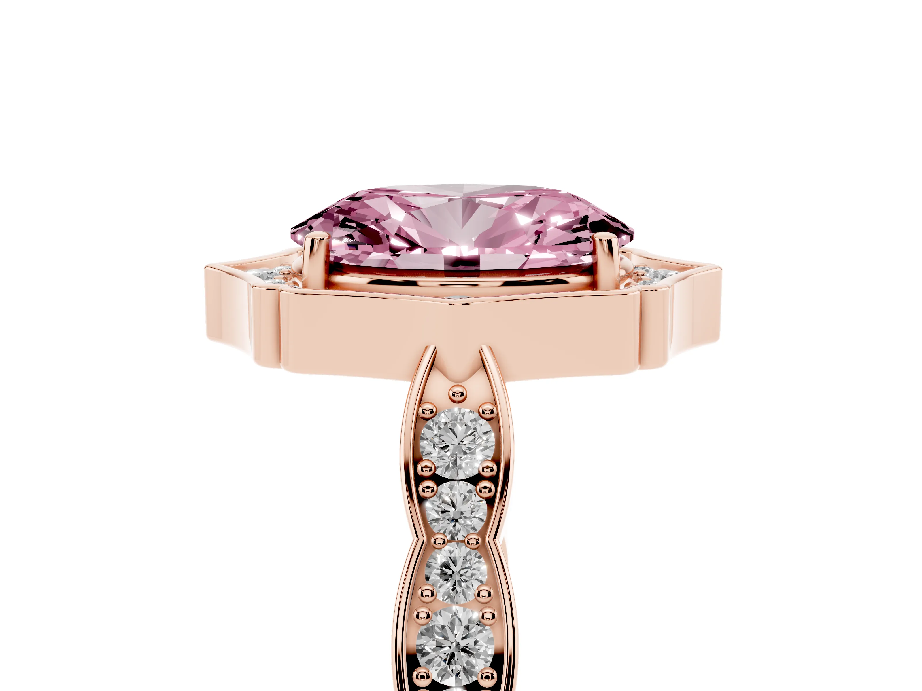 Fancy Pink Oval Cut Diamond Halo Engagement Ring Set in Rose gold with Milgrain Band and Prong Setting