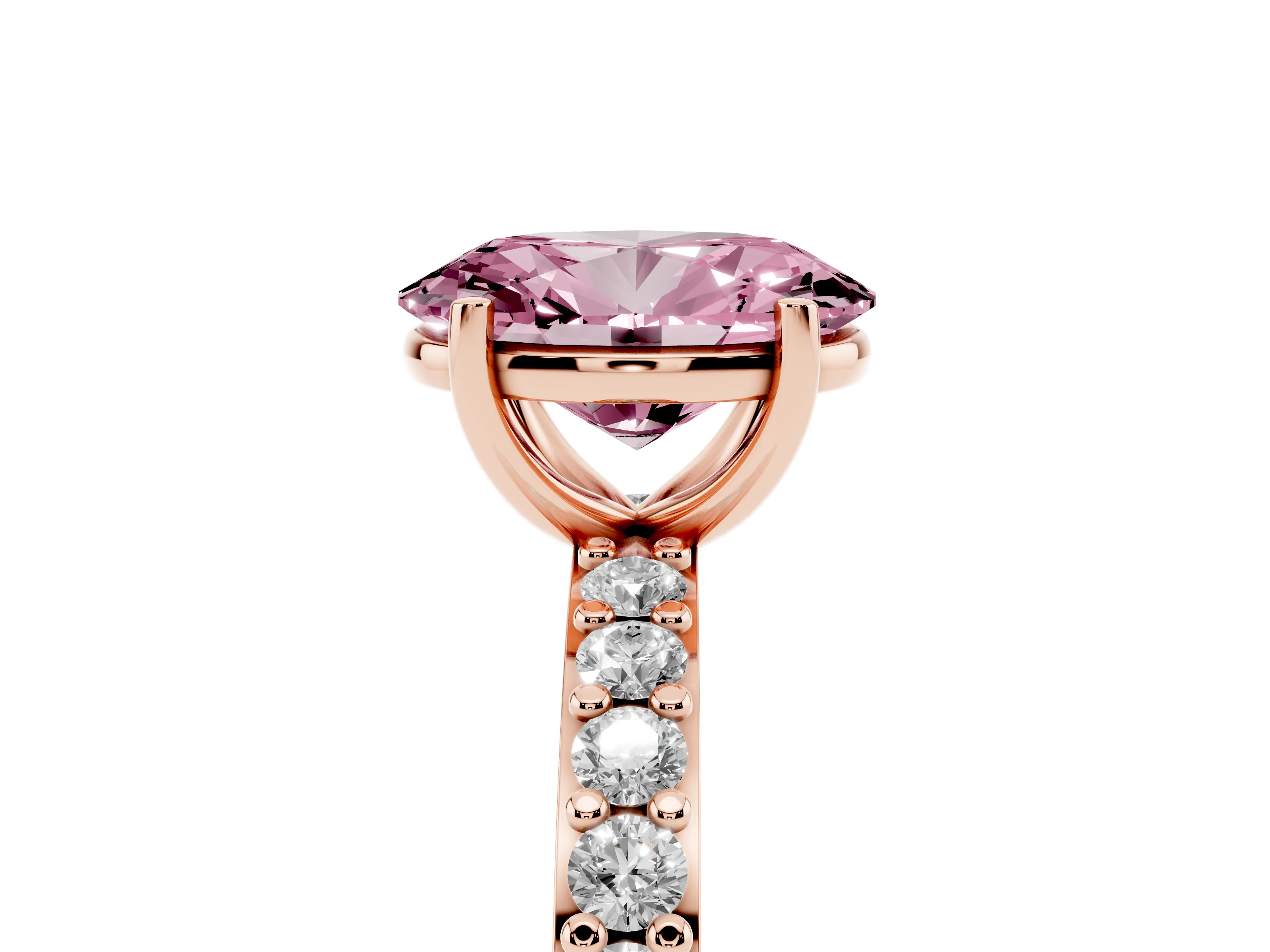 Fancy Pink Oval Cut Diamond Solitaire Set in Rose gold with Round Pavé Band and Prong Setting