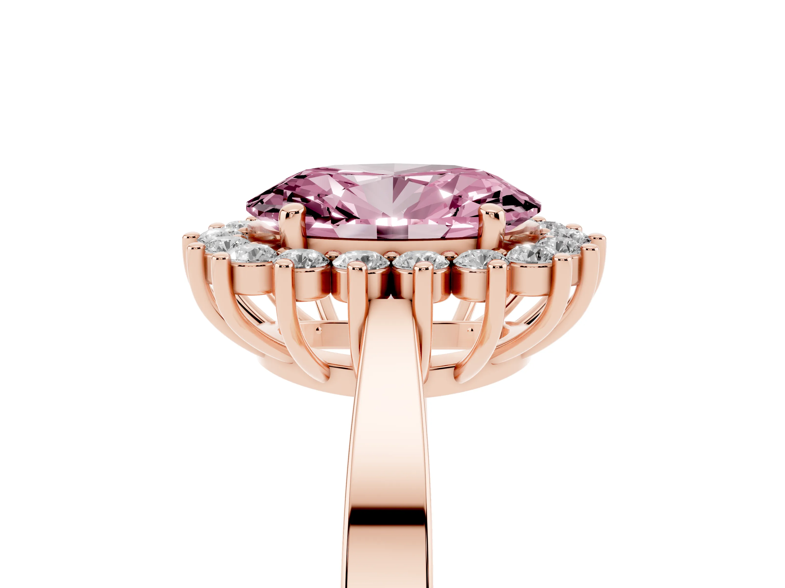 Fancy Pink Oval Cut Diamond Halo Ring Set in Rose gold with Round Halo and Smooth Solitaire Band