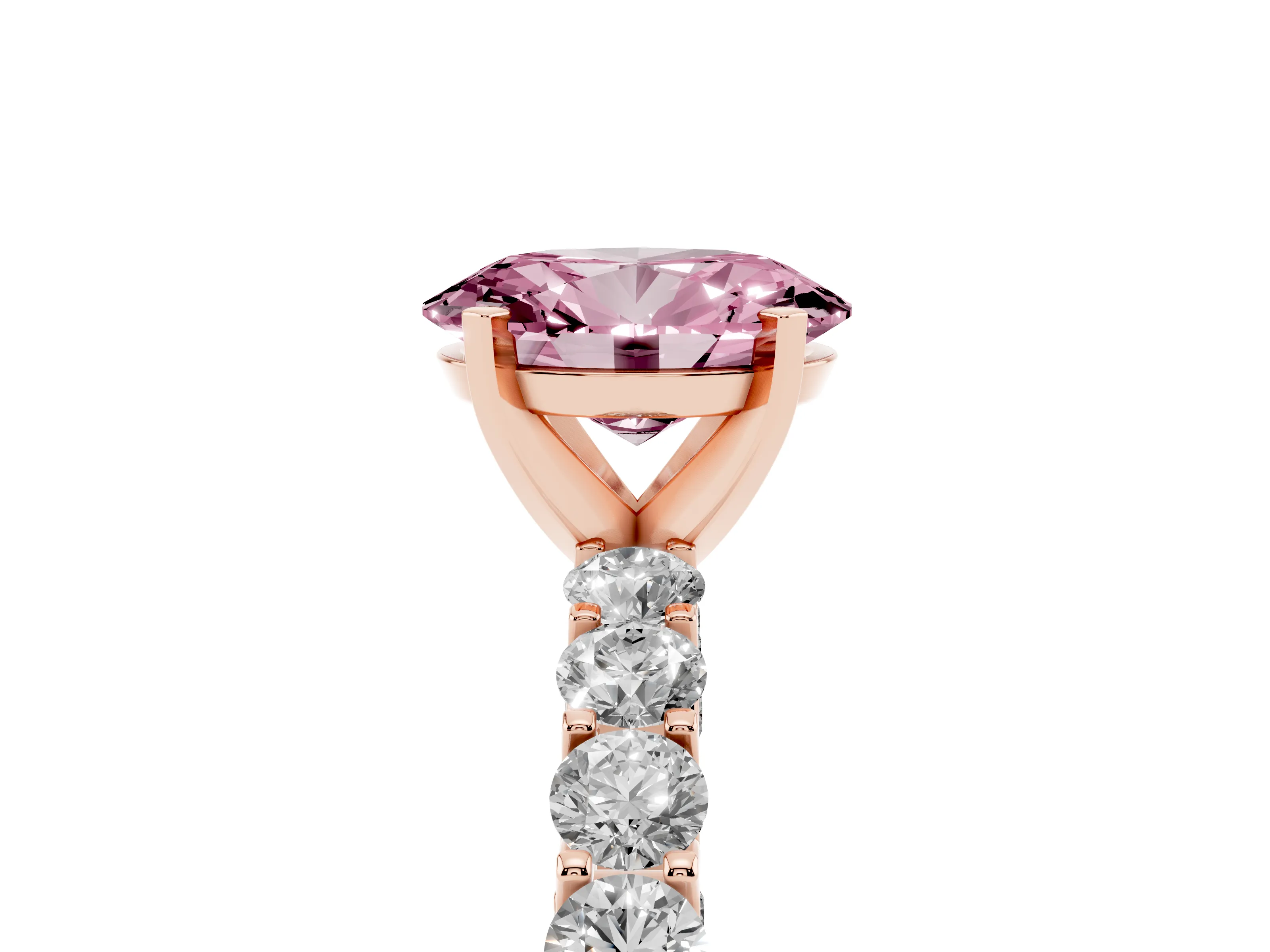 Fancy Pink Oval Cut Diamond Solitaire Ring Set in Rose gold with Shared Prong Pavé Band