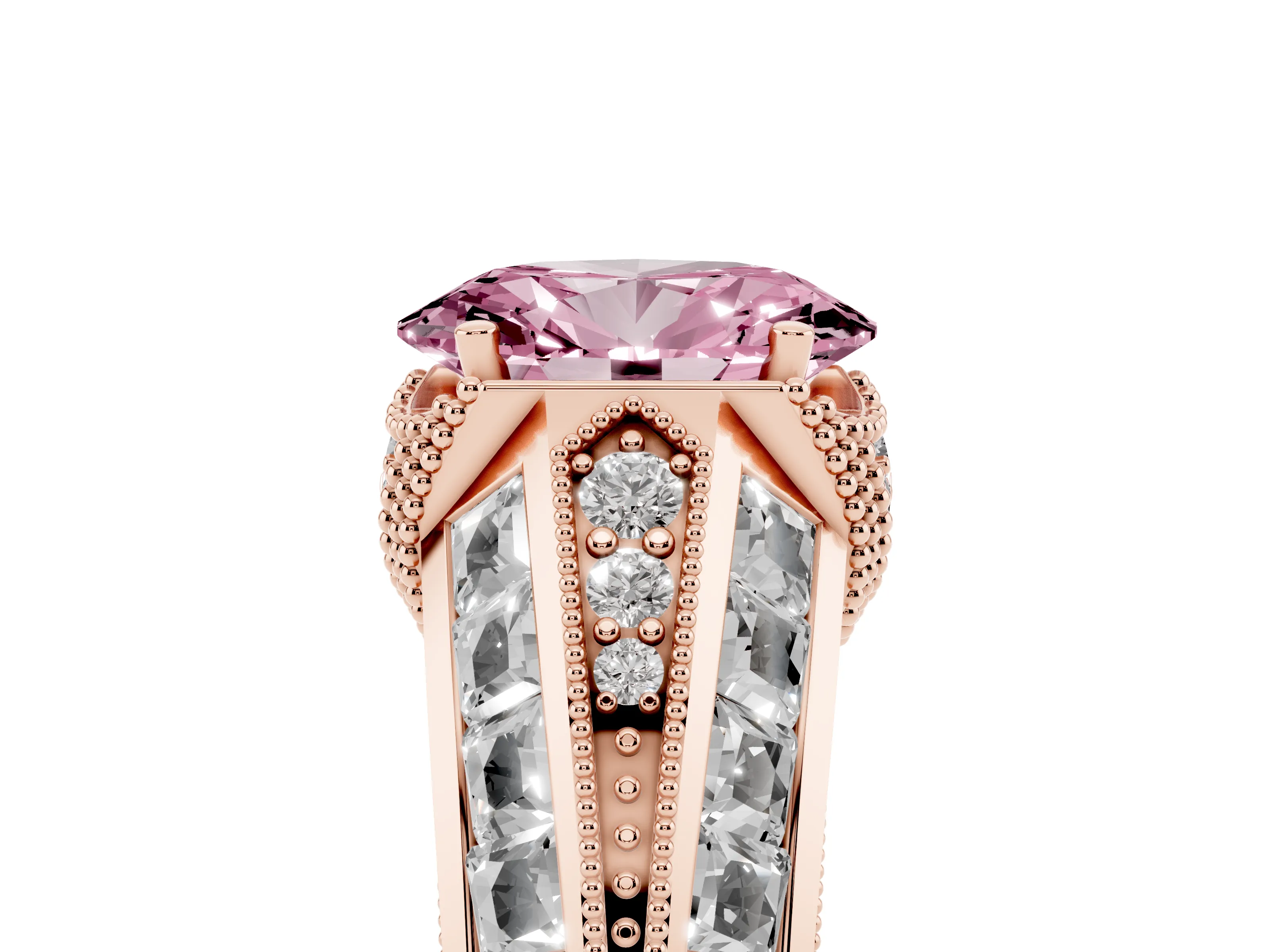 Fancy Pink Oval Cut Diamond Vintage-Inspired Milgrain Ring Set in Rose gold with Accent Split Shank
