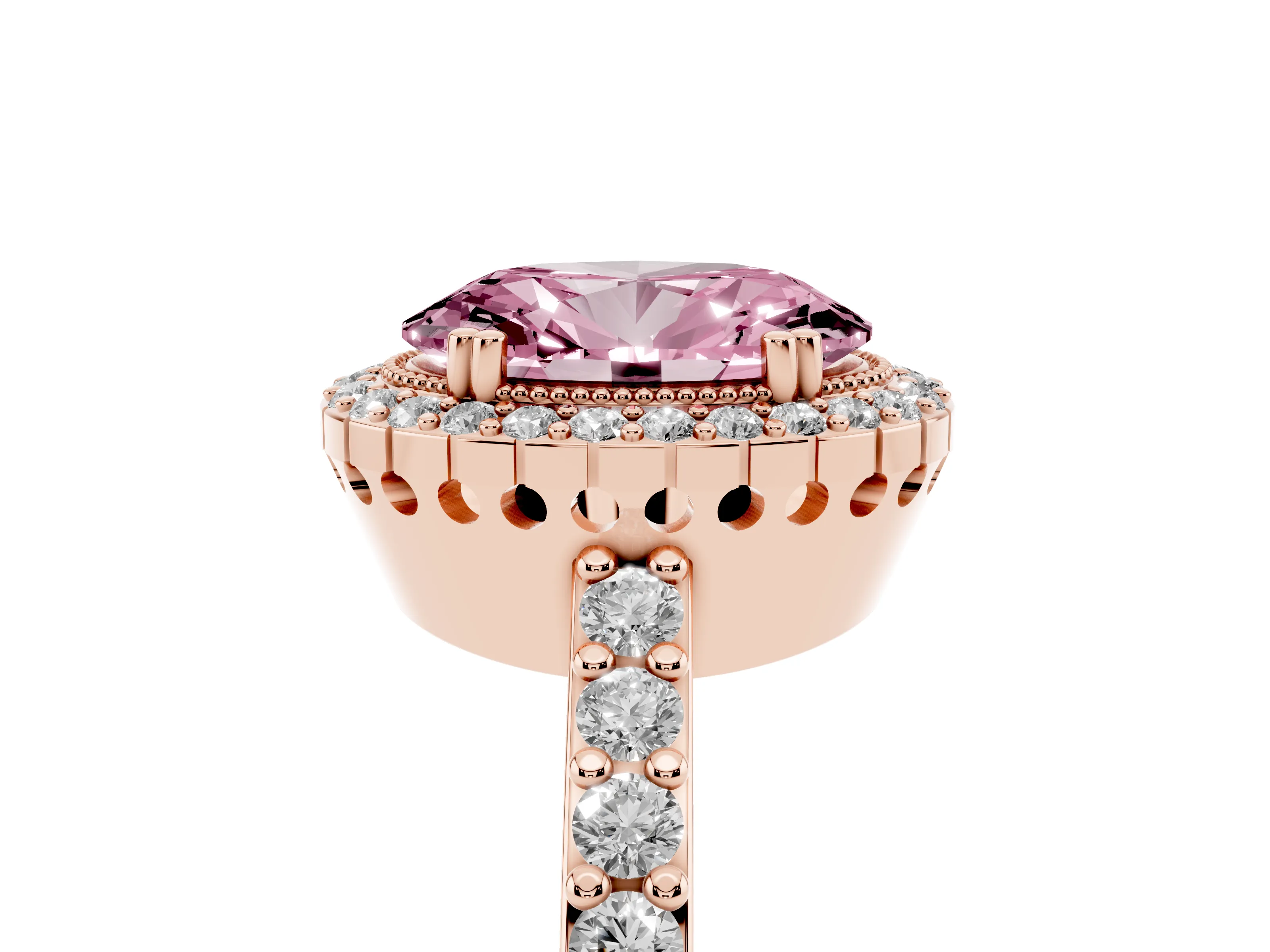 Fancy Pink Oval Cut Diamond Halo Engagement Ring Set in Rose gold with Milgrain Detail and Pavé Band