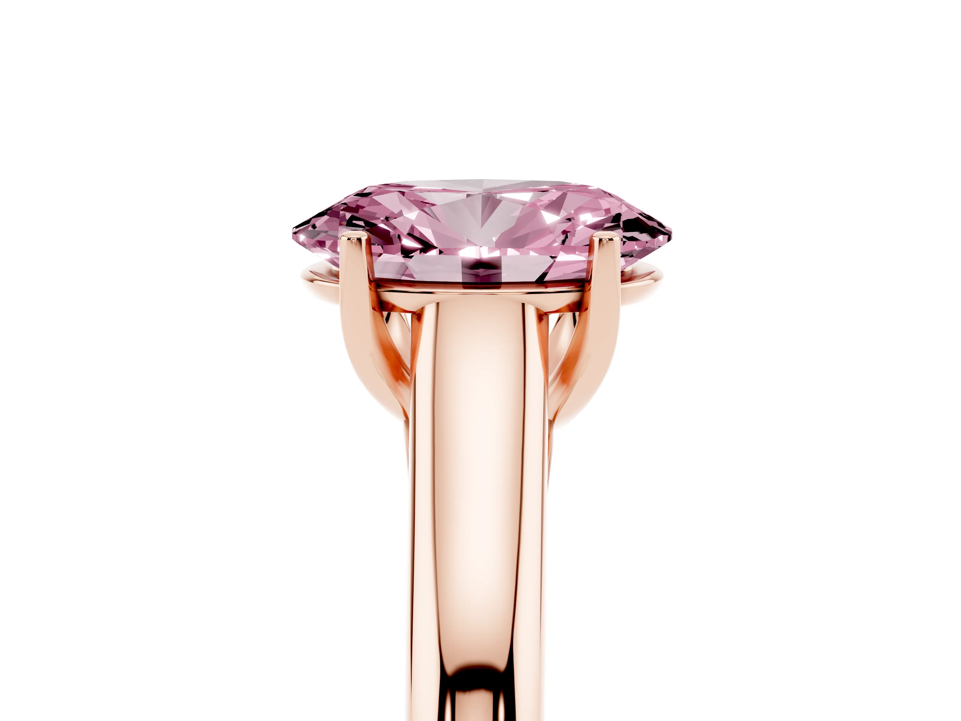 Fancy Pink Oval Cut Diamond Solitaire Engagement Ring Set in Rose gold with Subtly Tapered Band and Prong Setting
