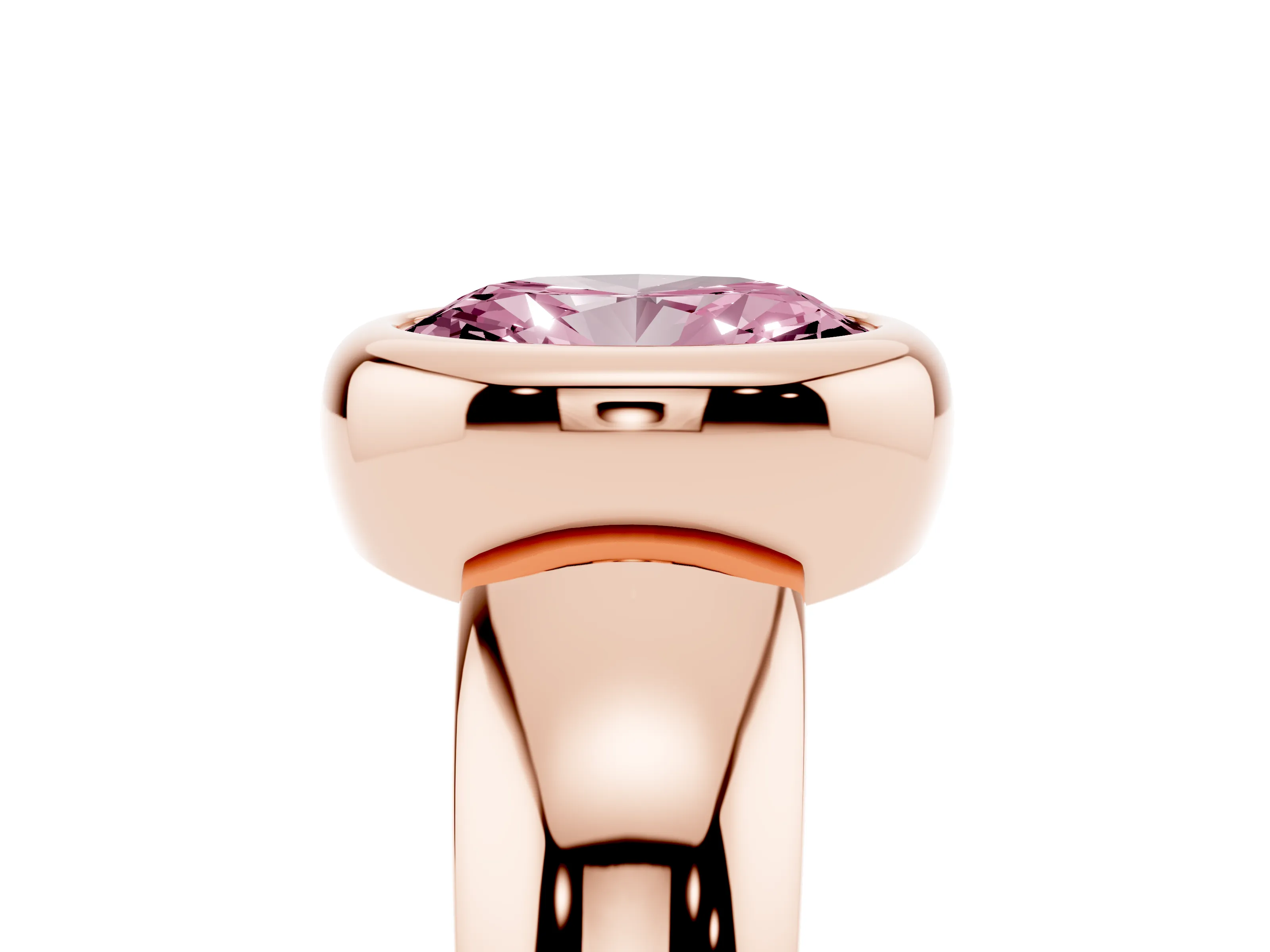 Fancy Pink Bezel Set Oval Cut Diamond Solitaire Ring Set in Rose gold with Wide Band