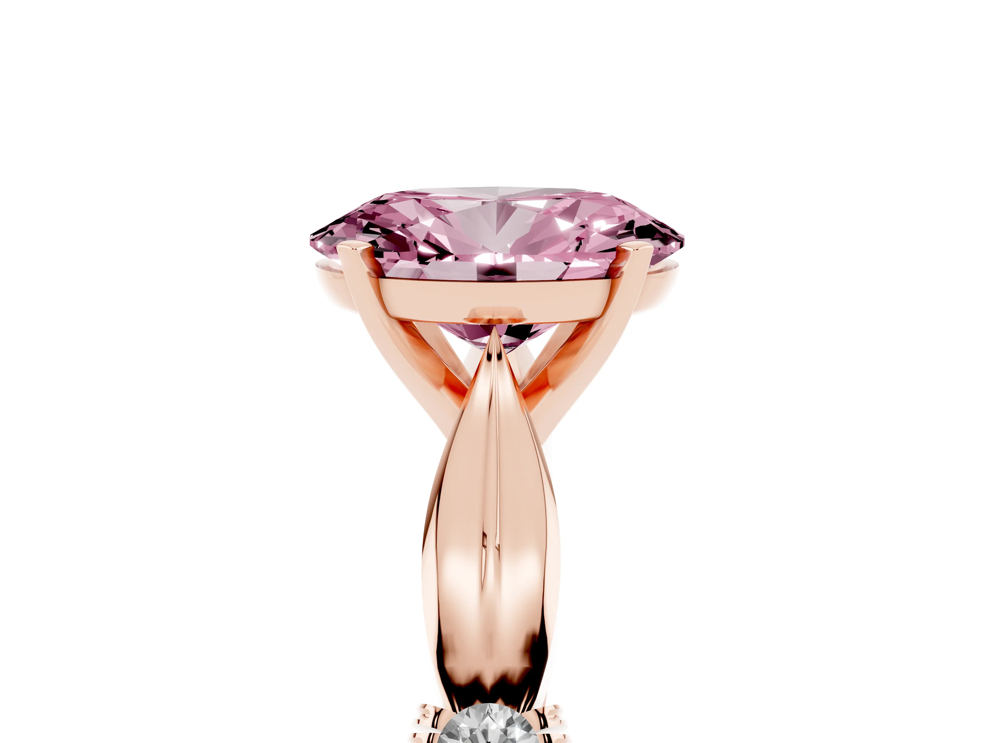 Fancy Pink Oval Cut Diamond Solitaire Twisted Band Ring Set in Rose gold with Accent Stones and Prong Setting