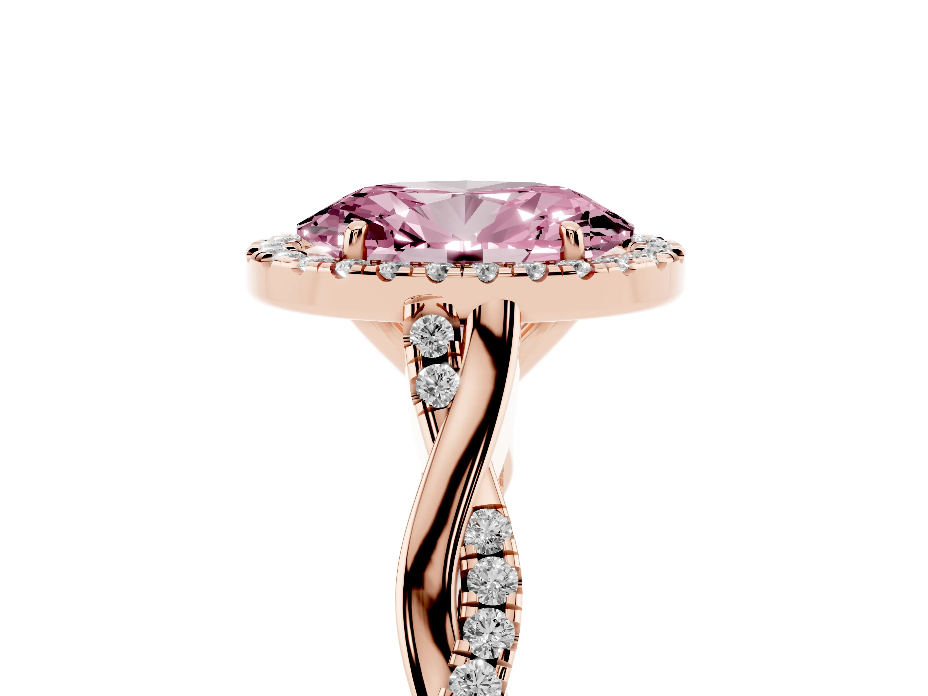 Fancy Pink Oval Cut Diamond Halo Twist Band Solitaire Ring Set in Rose gold with Prong Setting