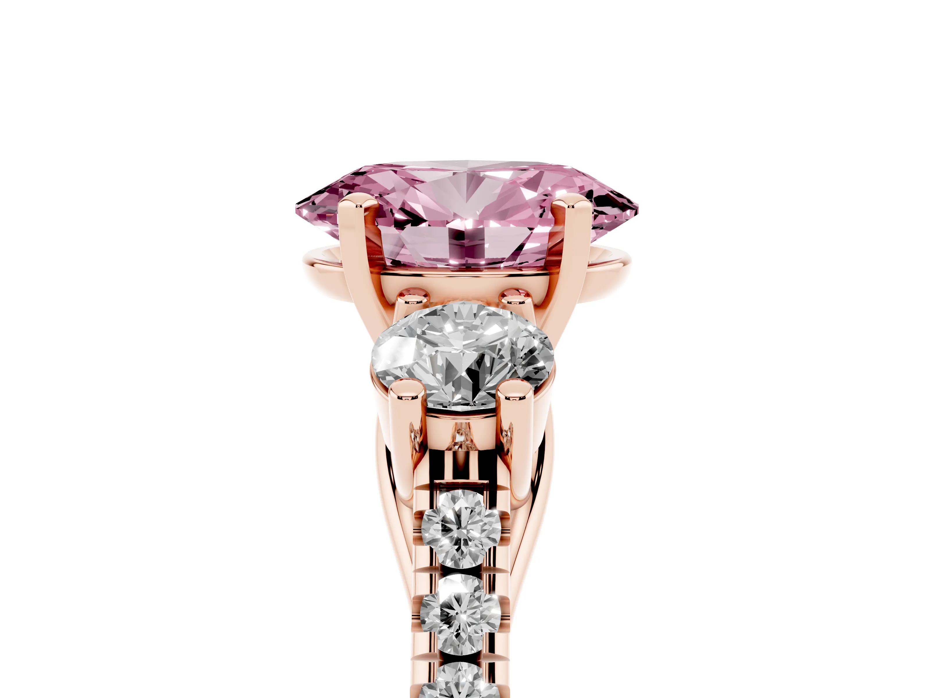 Fancy Pink Three-Stone Oval Cut Diamond Pavé Band Ring Set in Rose gold with Prong-Set Trio