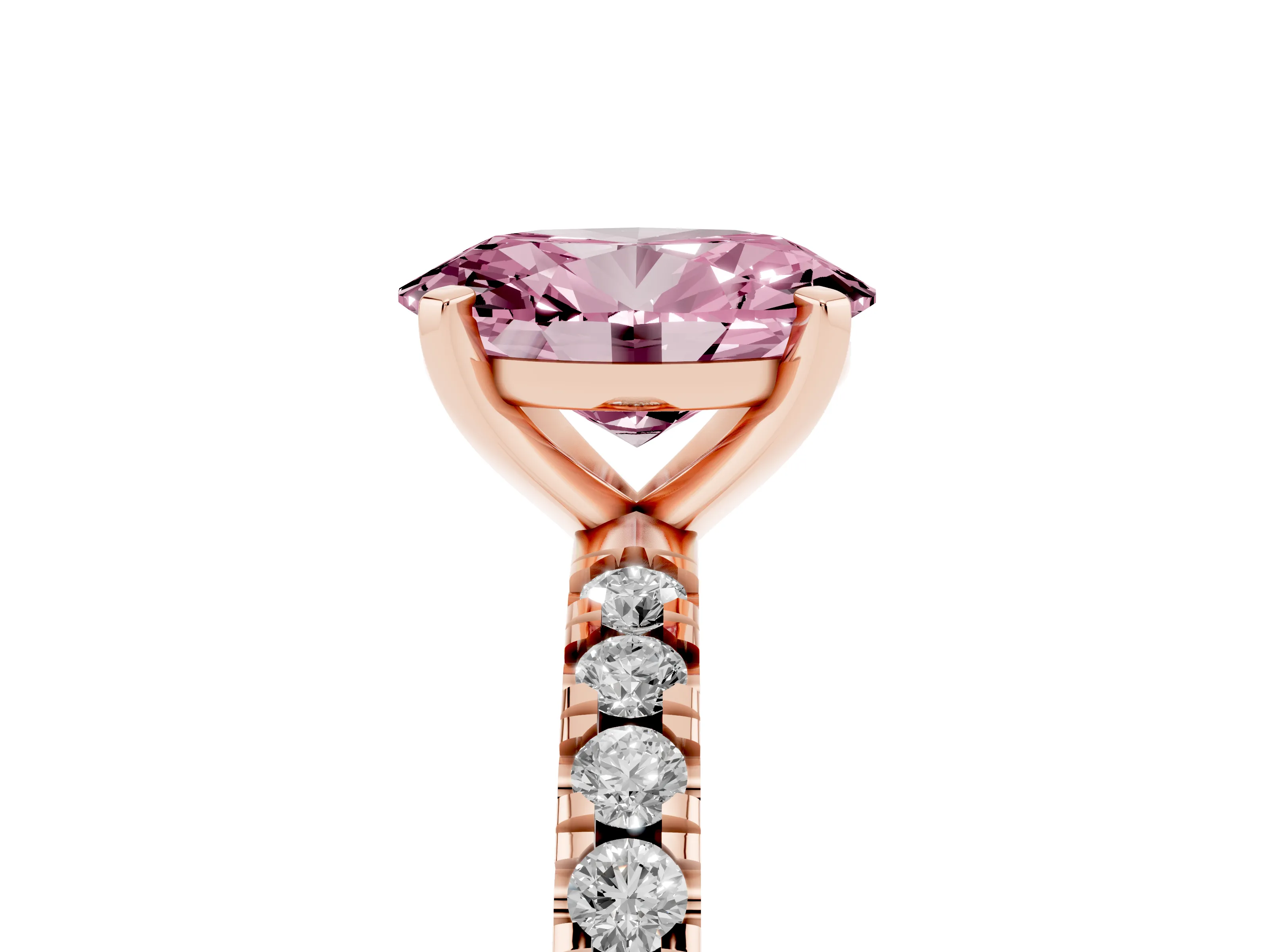 Fancy Pink Oval Cut Diamond Pavé Band Solitaire Set in Rose gold with Prong Setting