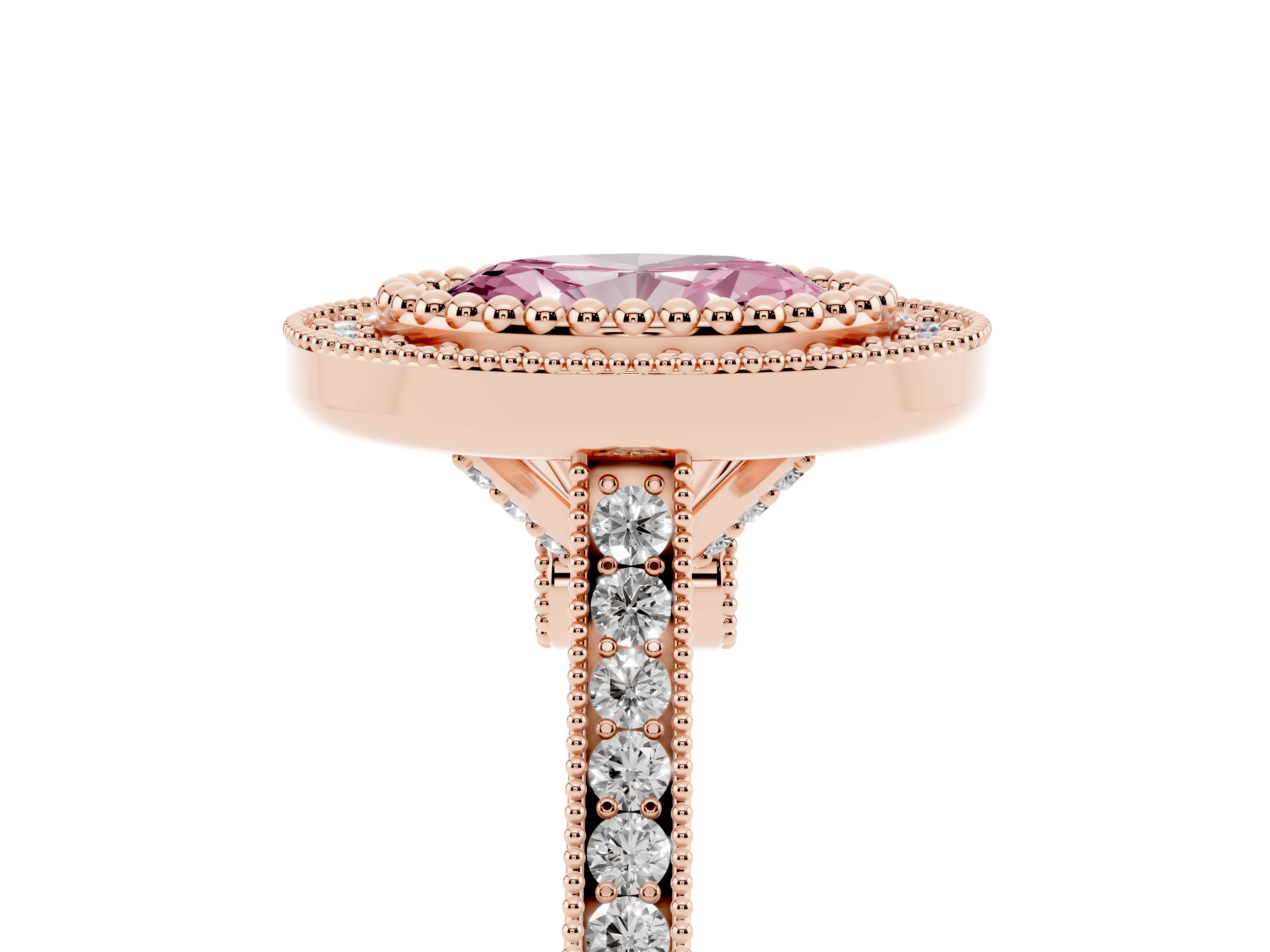 Fancy Pink Oval Cut Diamond Halo Ring Set in Rose gold with Milgrain Frame and Pavé Band