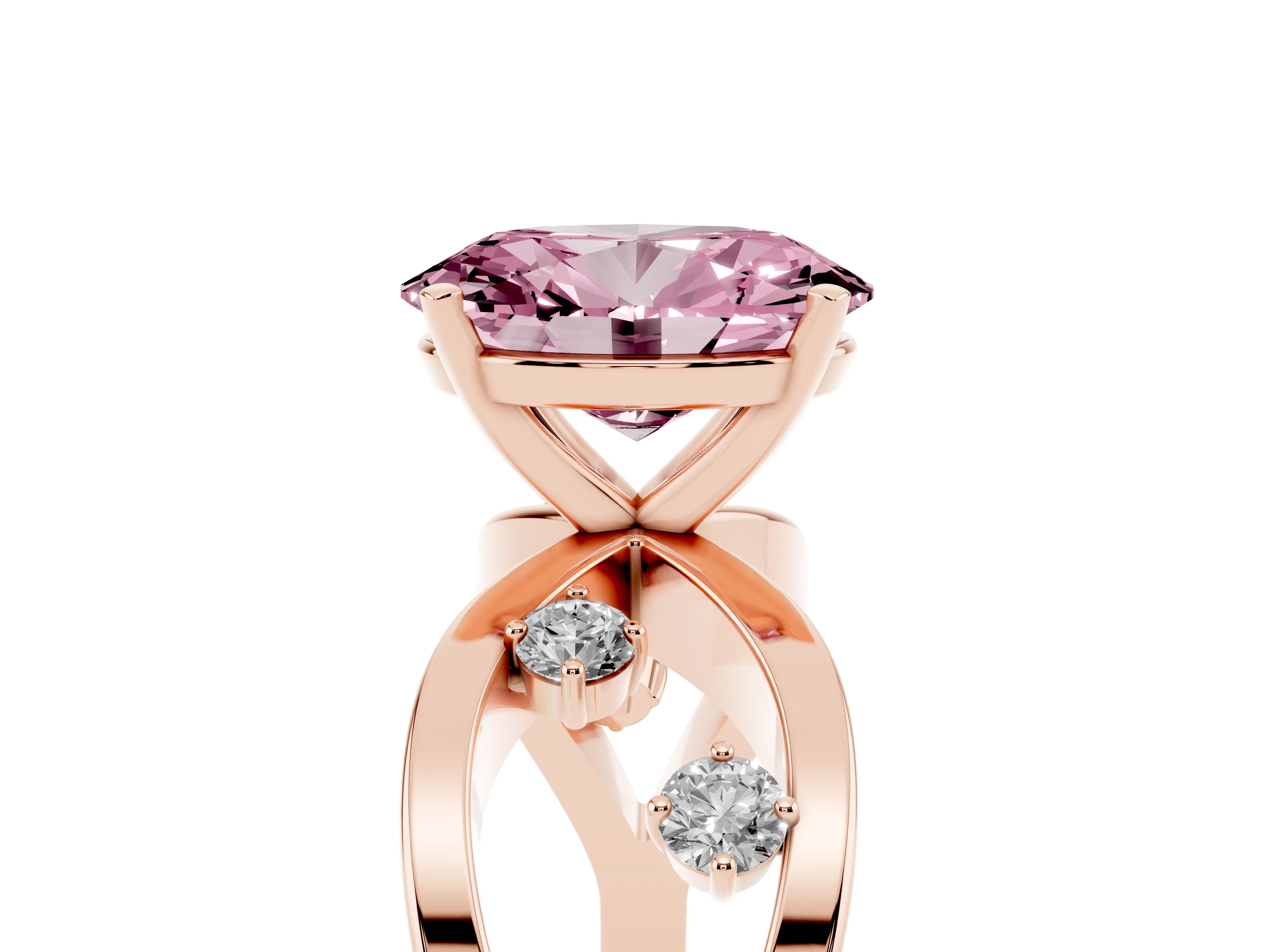 Fancy Pink Oval Cut Diamond Solitaire Ring Set in Rose gold with Side Stones on Criss-Cross Band and Prong Setting
