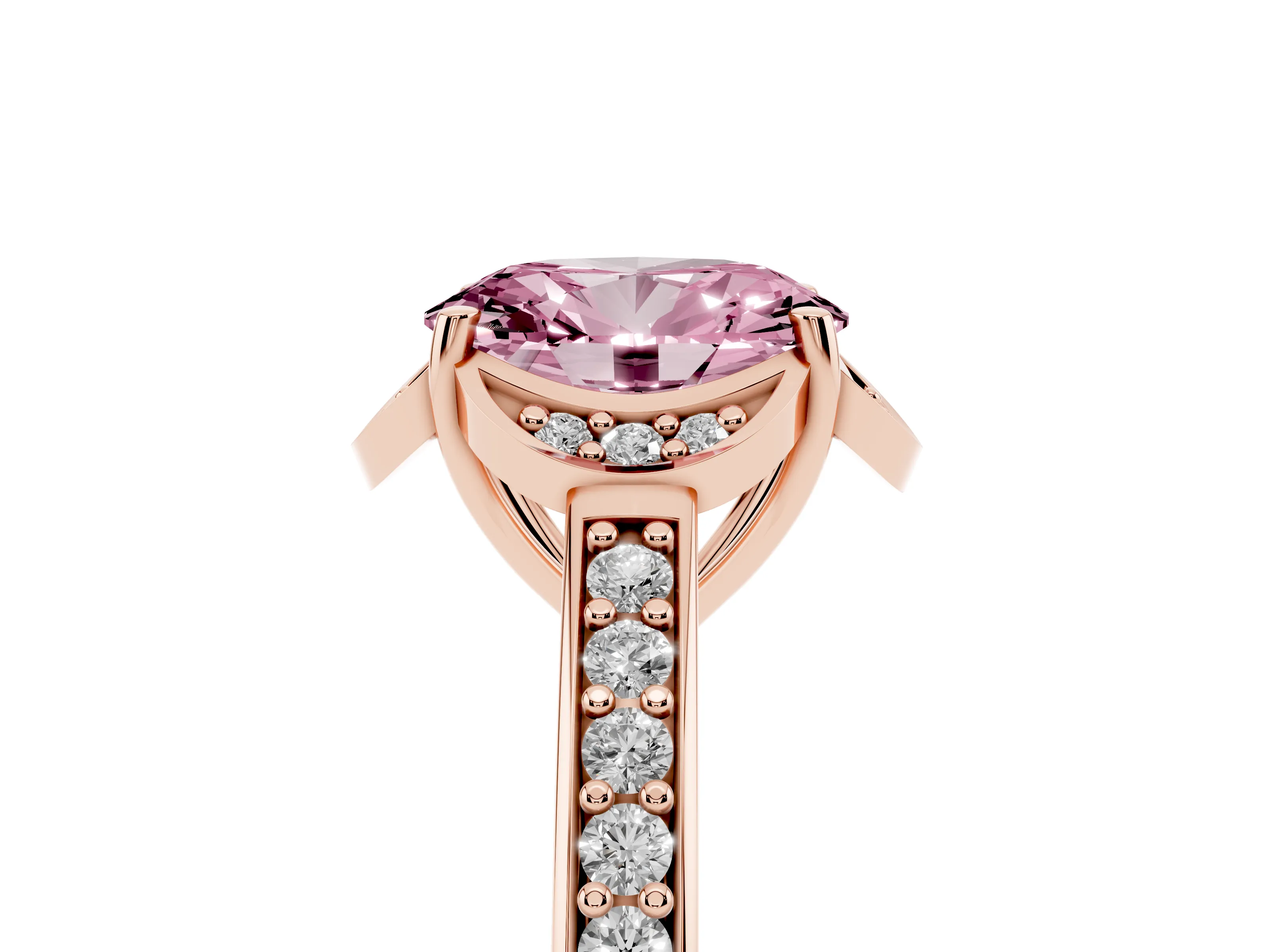 Fancy Pink Oval Cut Diamond Halo Ring Set in Rose gold with Channel Set Band and Prong Setting