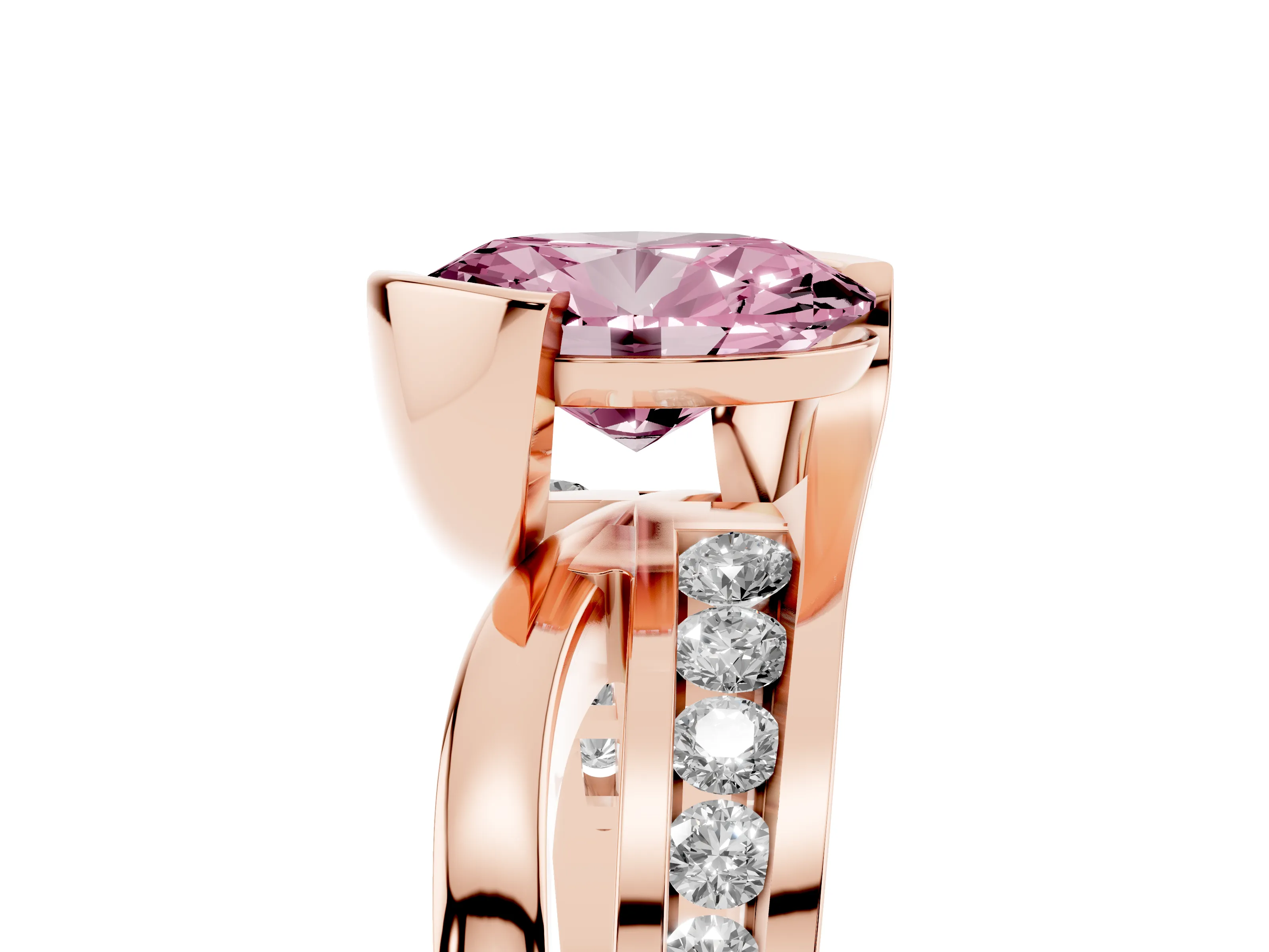 Fancy Pink Oval Cut Diamond Solitaire Ring Set in Rose gold with Channel Set Split Shank and Tension Prongs