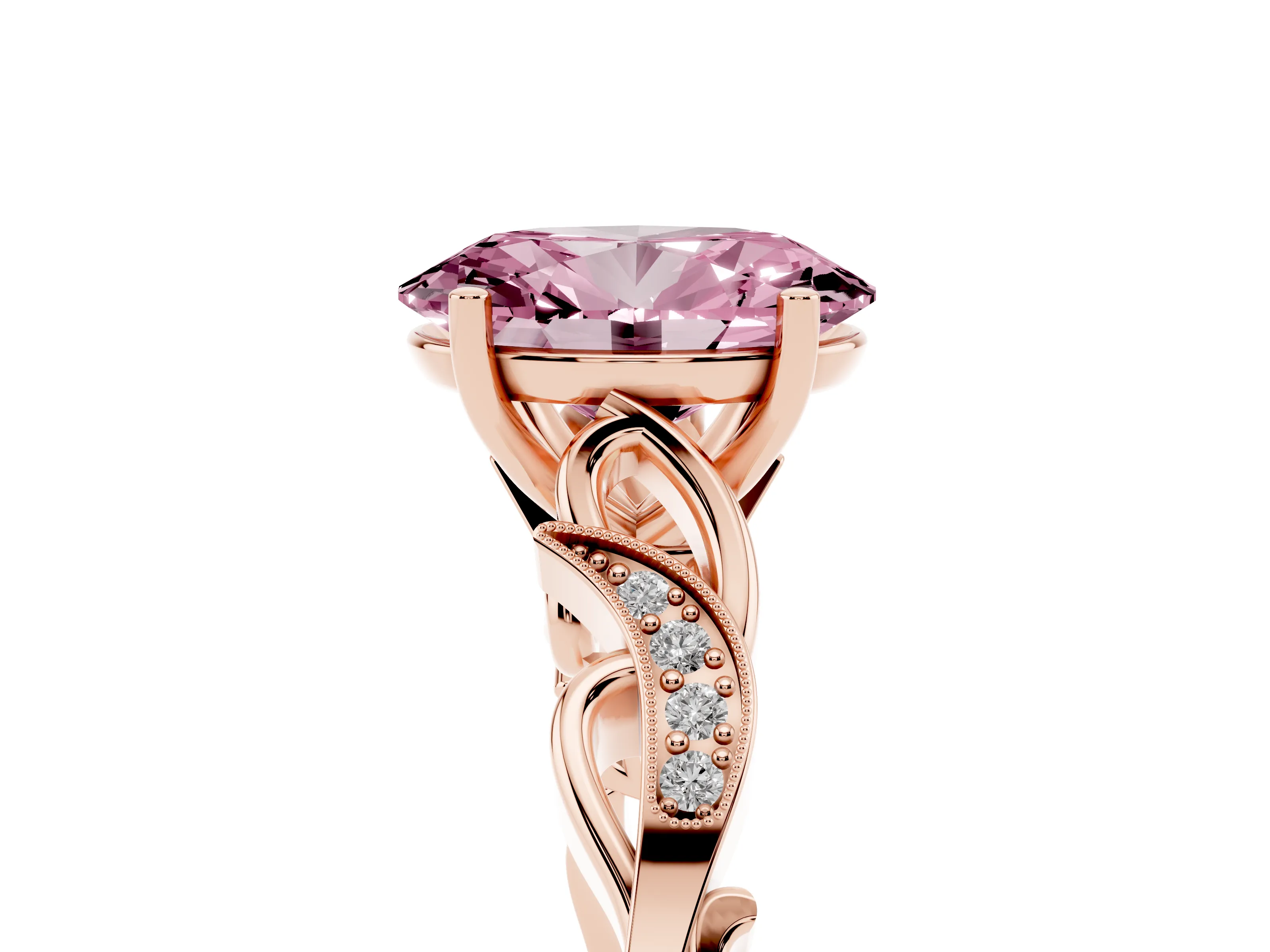 Fancy Pink Oval Cut Diamond Vine Band Solitaire Ring Set in Rose gold with Milgrain Prong Setting