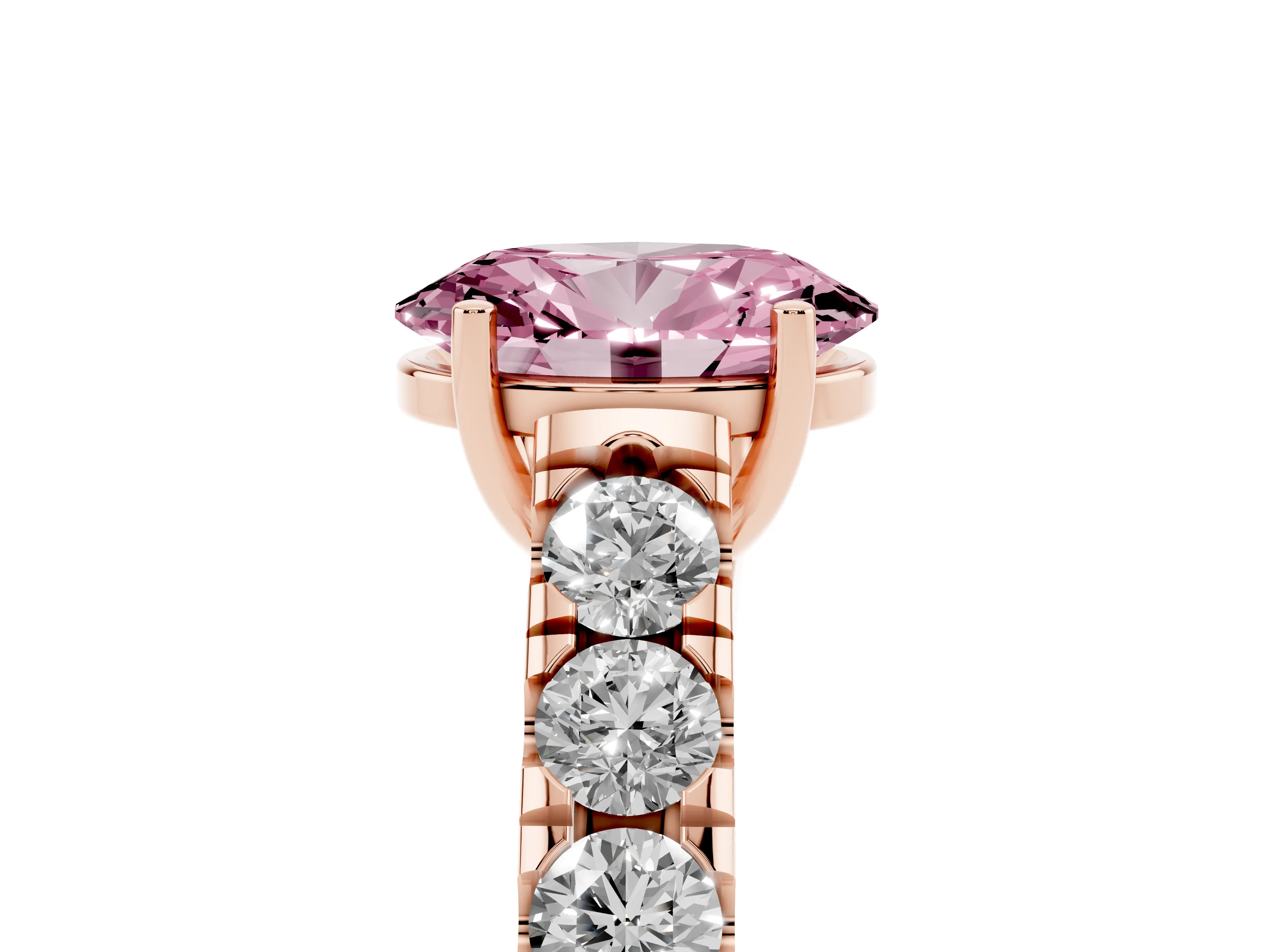 Fancy Pink Oval Cut Diamond Solitaire Ring Set in Rose gold with Cut-Down Micro Pavé Band and Prong Setting