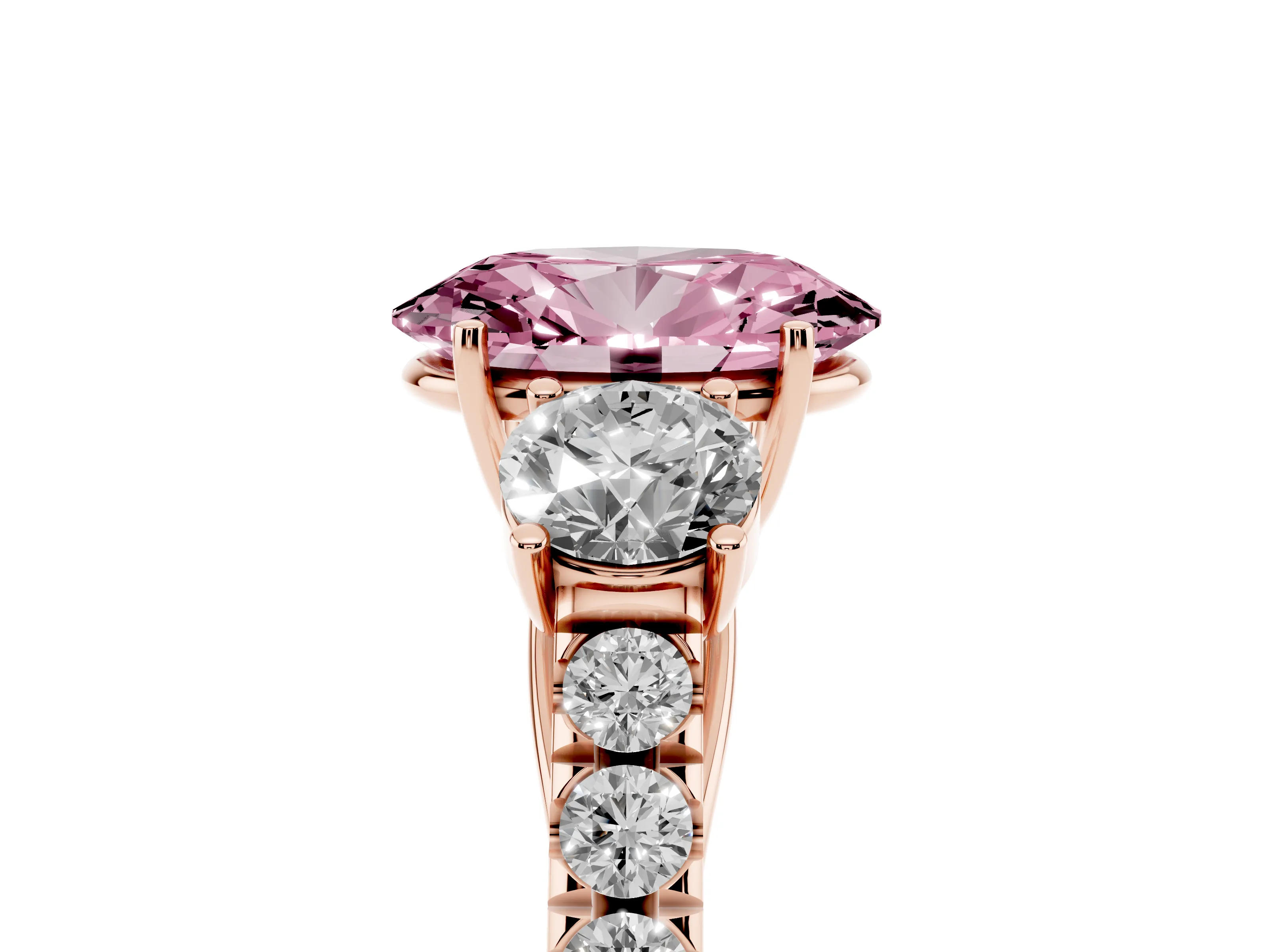 Fancy Pink Oval Cut Diamond Three-Stone Ring Set in Rose gold with Round Side Stones and Delicate Pavé Band