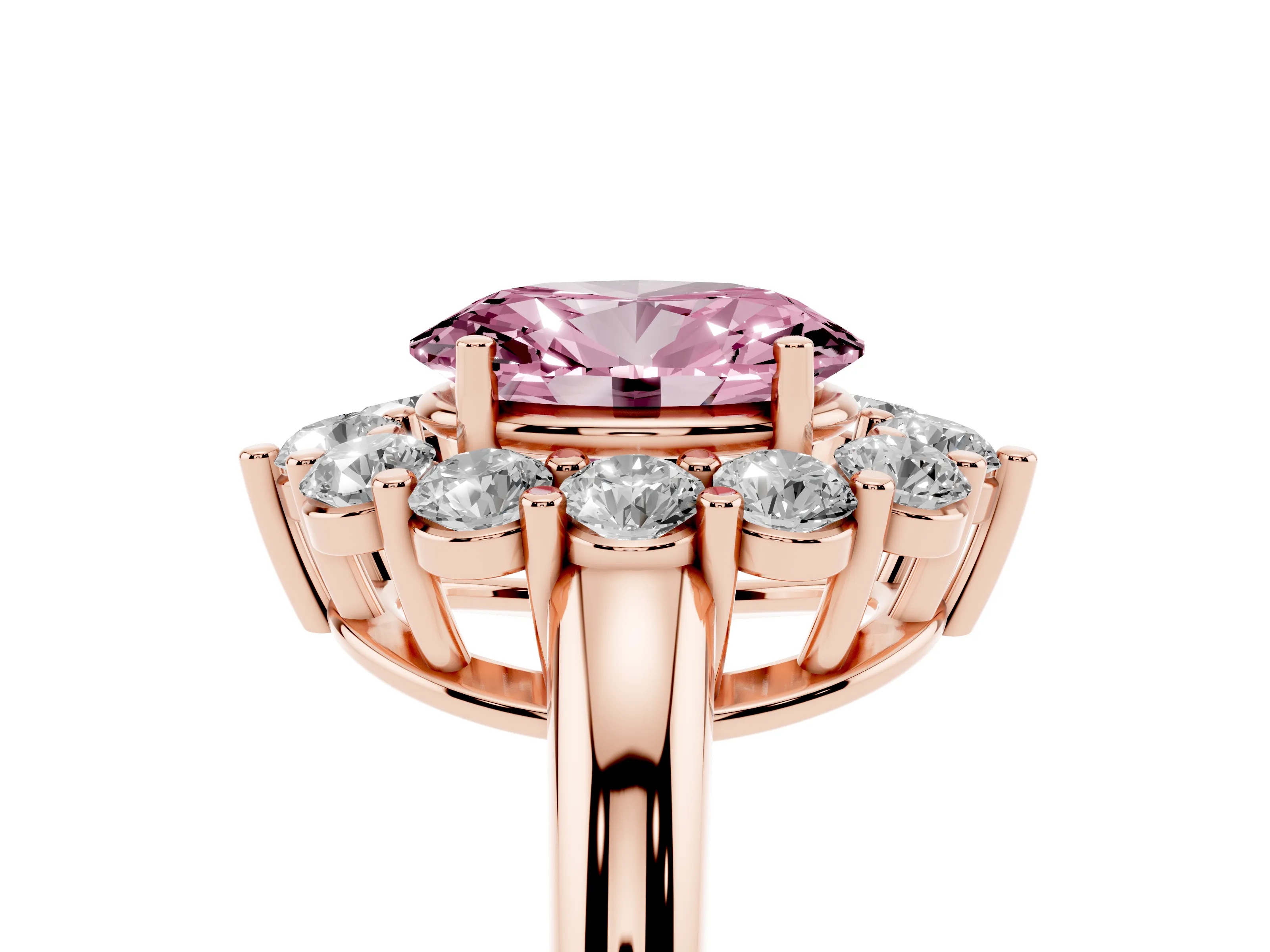 Fancy Pink Oval Cut Diamond Halo Cluster Engagement Ring Set in Rose gold with Polished Band and Prong Setting