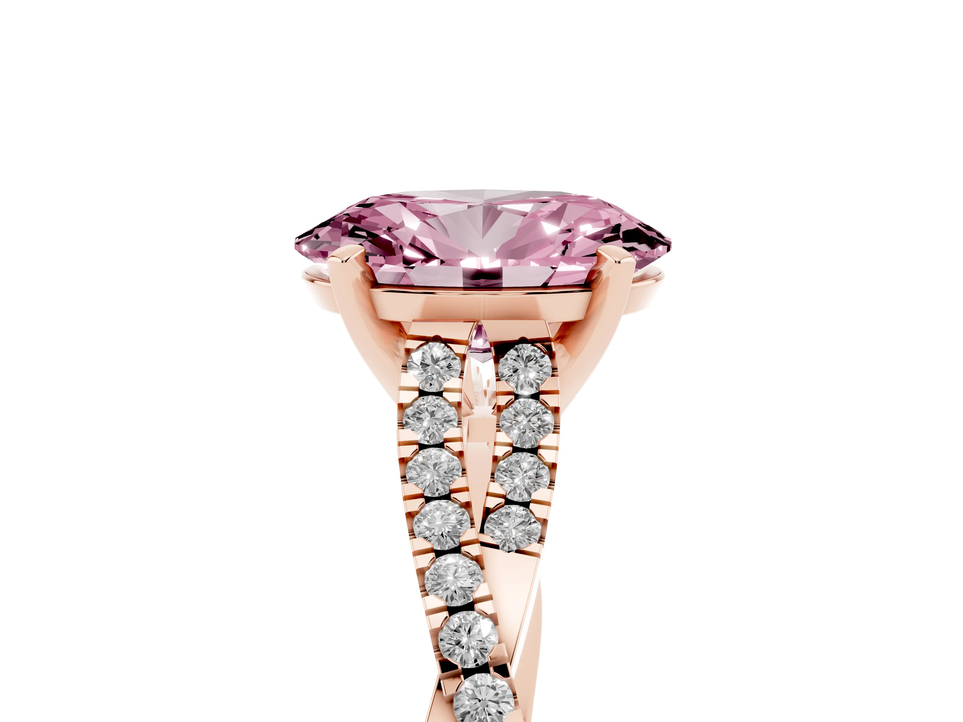 Fancy Pink Oval Cut Diamond Solitaire Engagement Ring Set in Rose gold with Twisted Pavé Band and Prong Setting