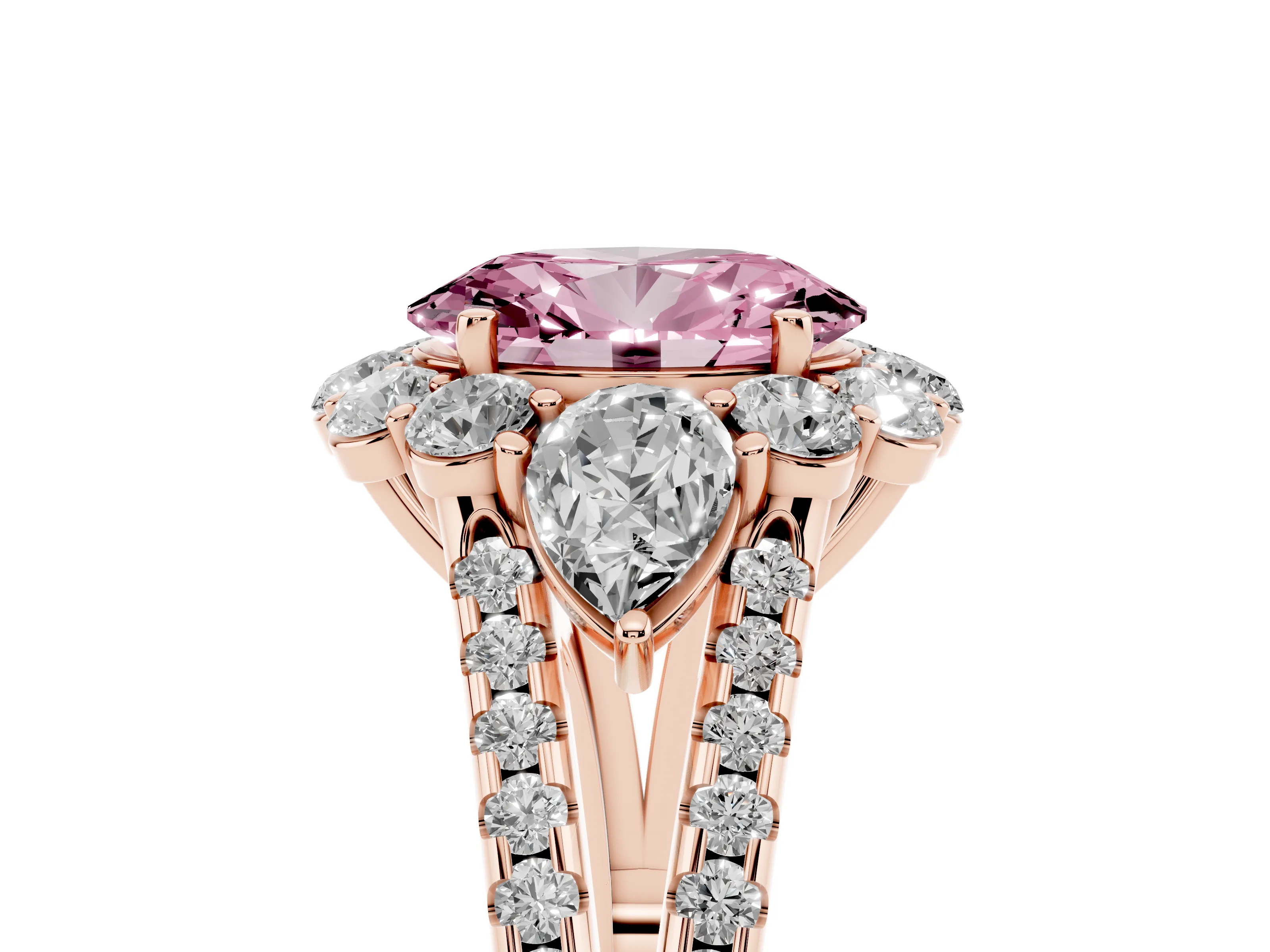 Fancy Pink Oval Cut Diamond Halo Split Shank Engagement Ring Set in Rose gold with Prong-Held Center Stone