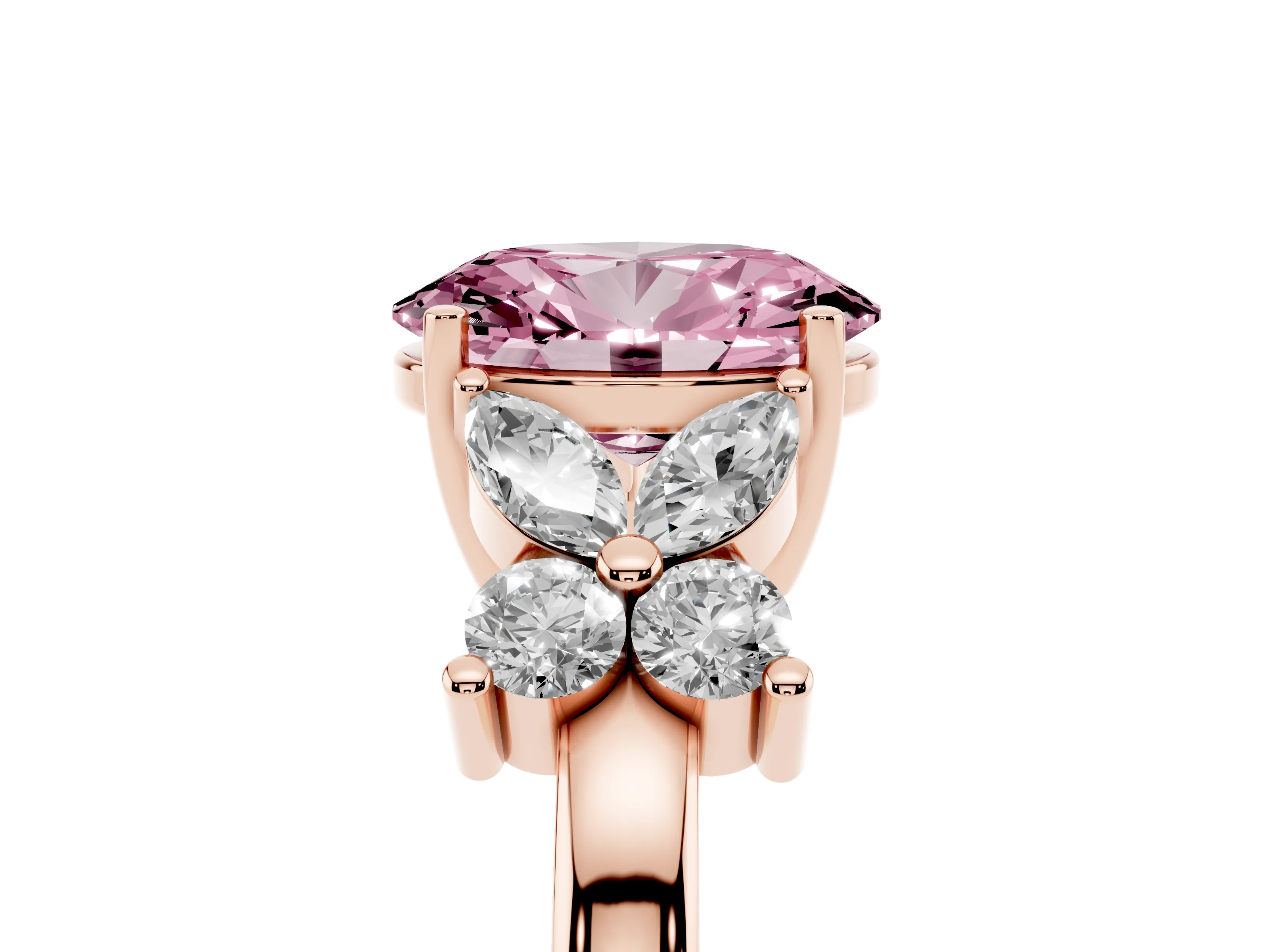 Fancy Pink Oval Cut Diamond Floral Cluster Ring Set in Rose gold with Marquise Petals and Prong Setting