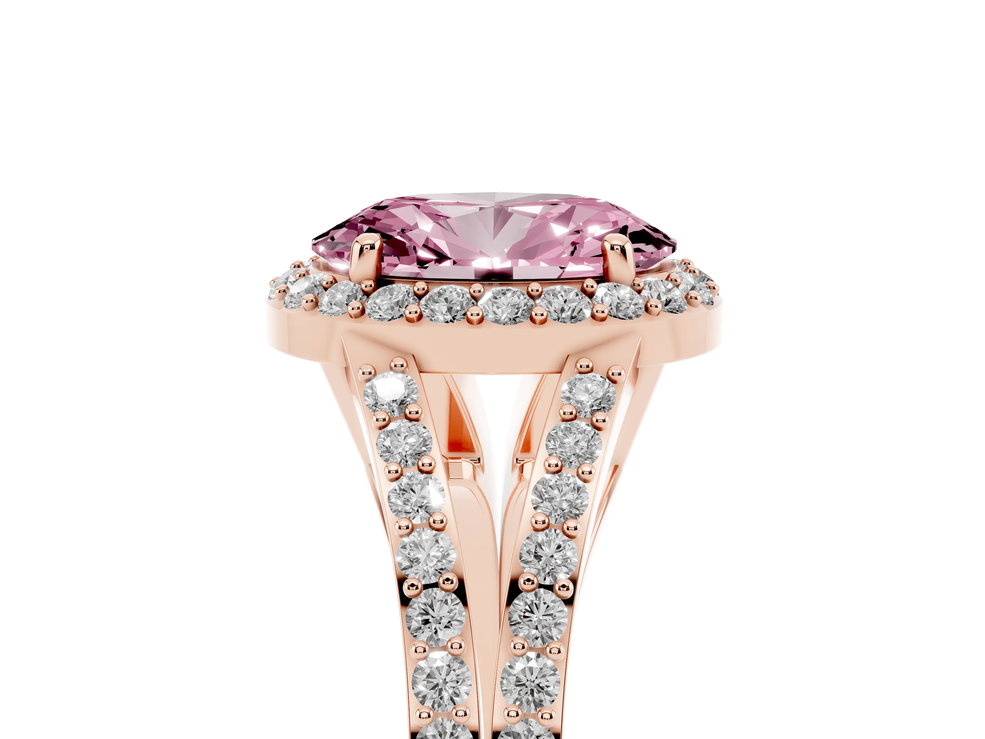 Fancy Pink Oval Cut Diamond Halo Split Shank Ring Set in Rose gold with Accent Stones and Prong Setting