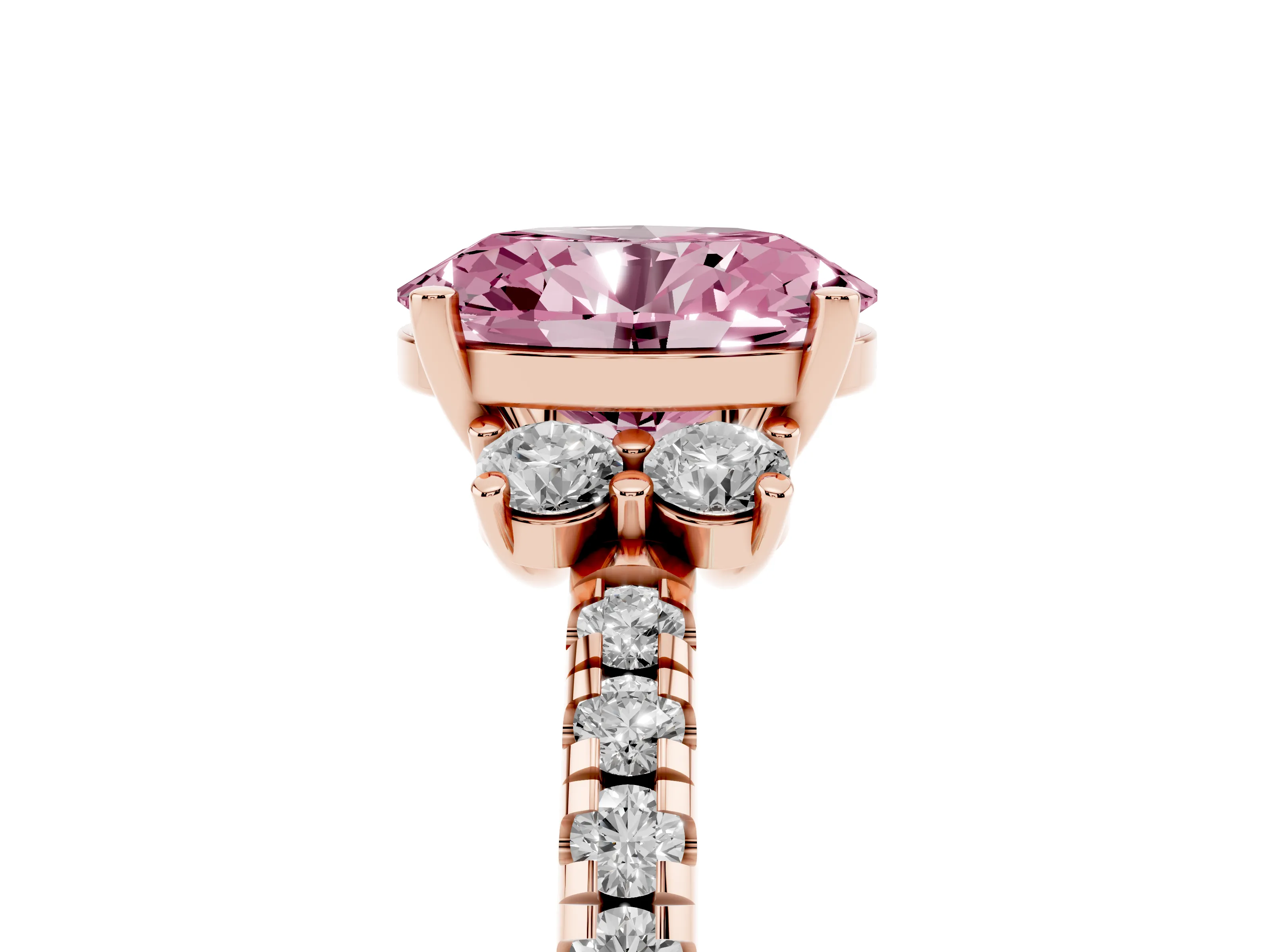 Fancy Pink Oval Cut Diamond Three-Stone Pavé Ring Set in Rose gold with Prong Setting