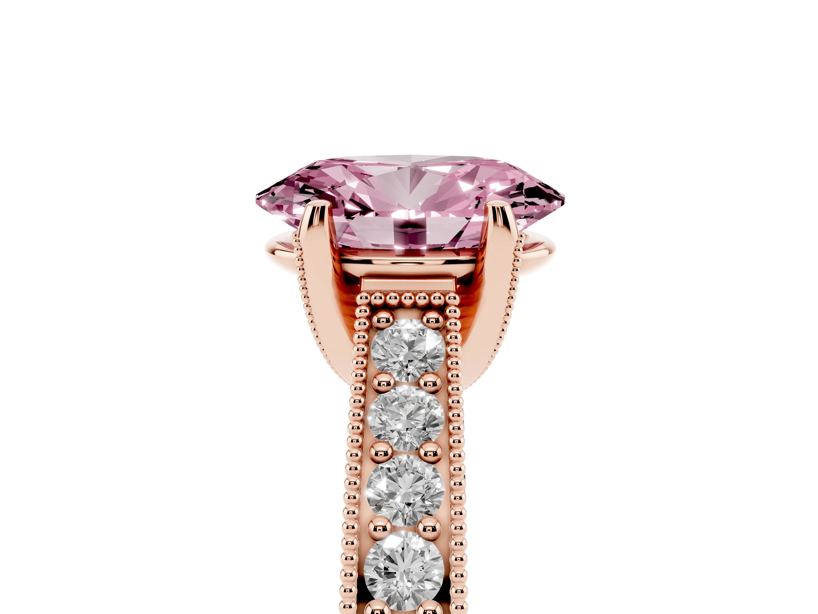 Fancy Pink Oval Cut Diamond Solitaire Ring Set in Rose gold with Milgrain-Edged Pavé Band and Prong Setting