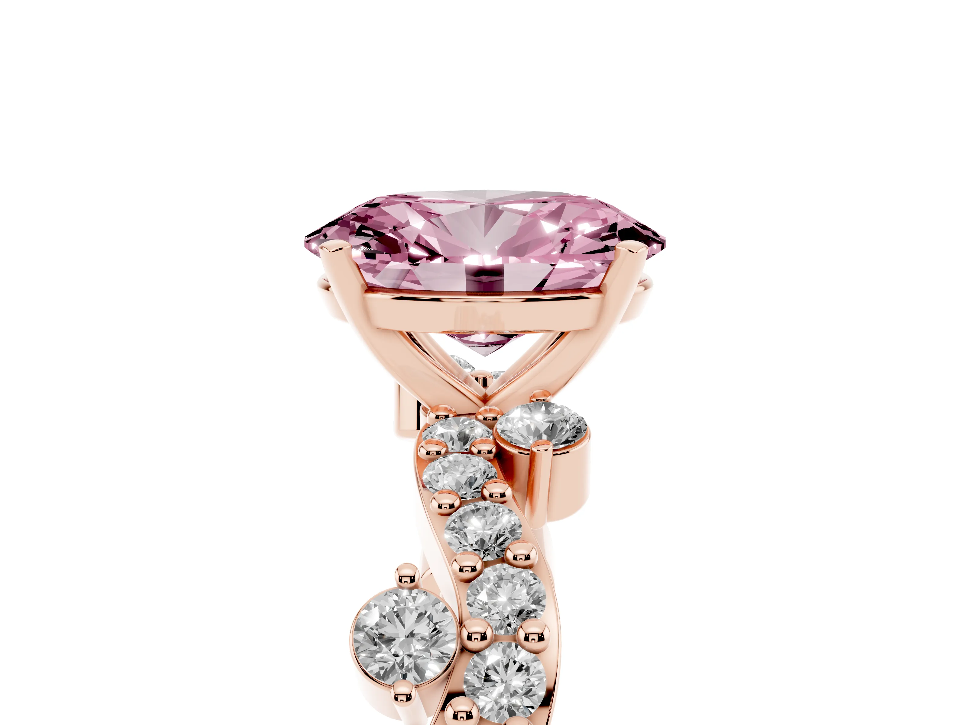 Fancy Pink Oval Cut Diamond Solitaire Twisted Band Set in Rose gold with Pavé Setting