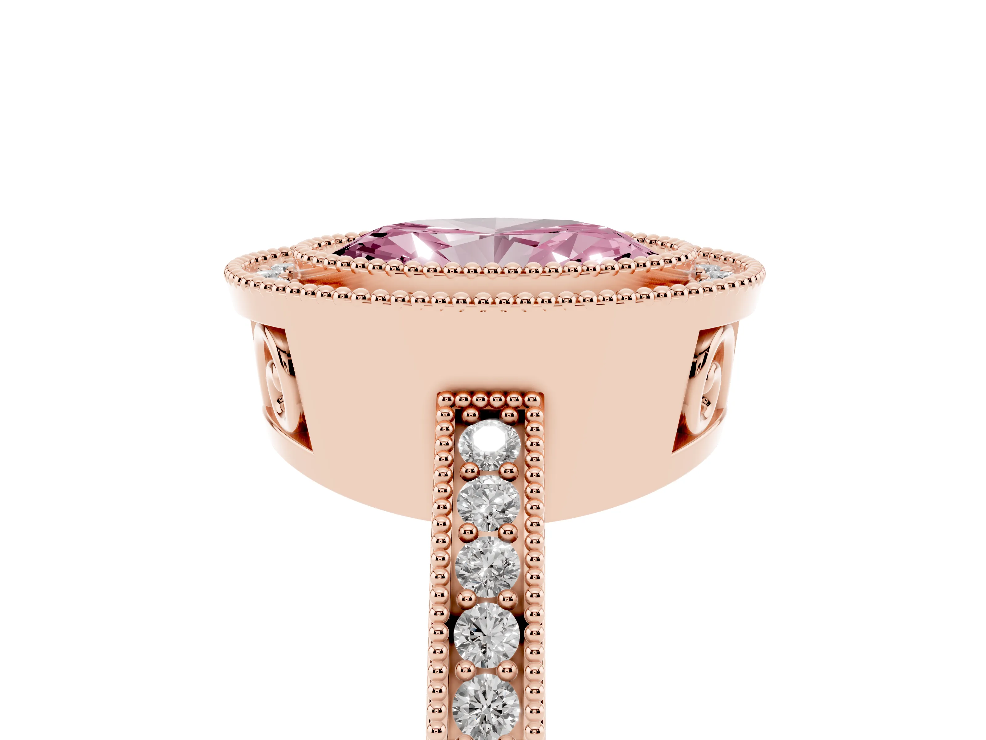 Fancy Pink Oval Cut Diamond Round Halo Ring Set in Rose gold with Pavé Band