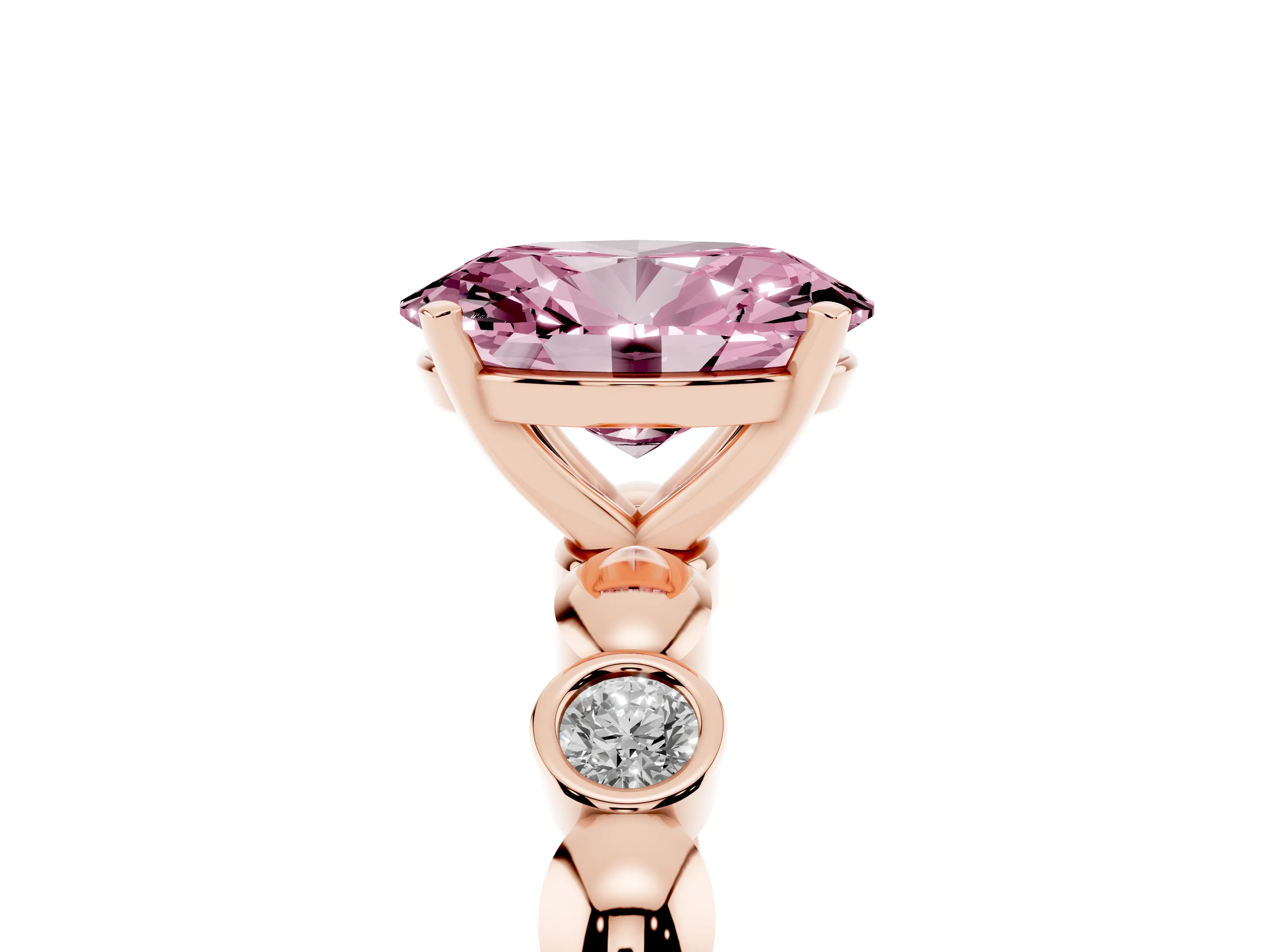 Fancy Pink Oval Cut Diamond Solitaire Ring Set in Rose gold with Bezel-Set Accents on Beaded Band and Prong Setting