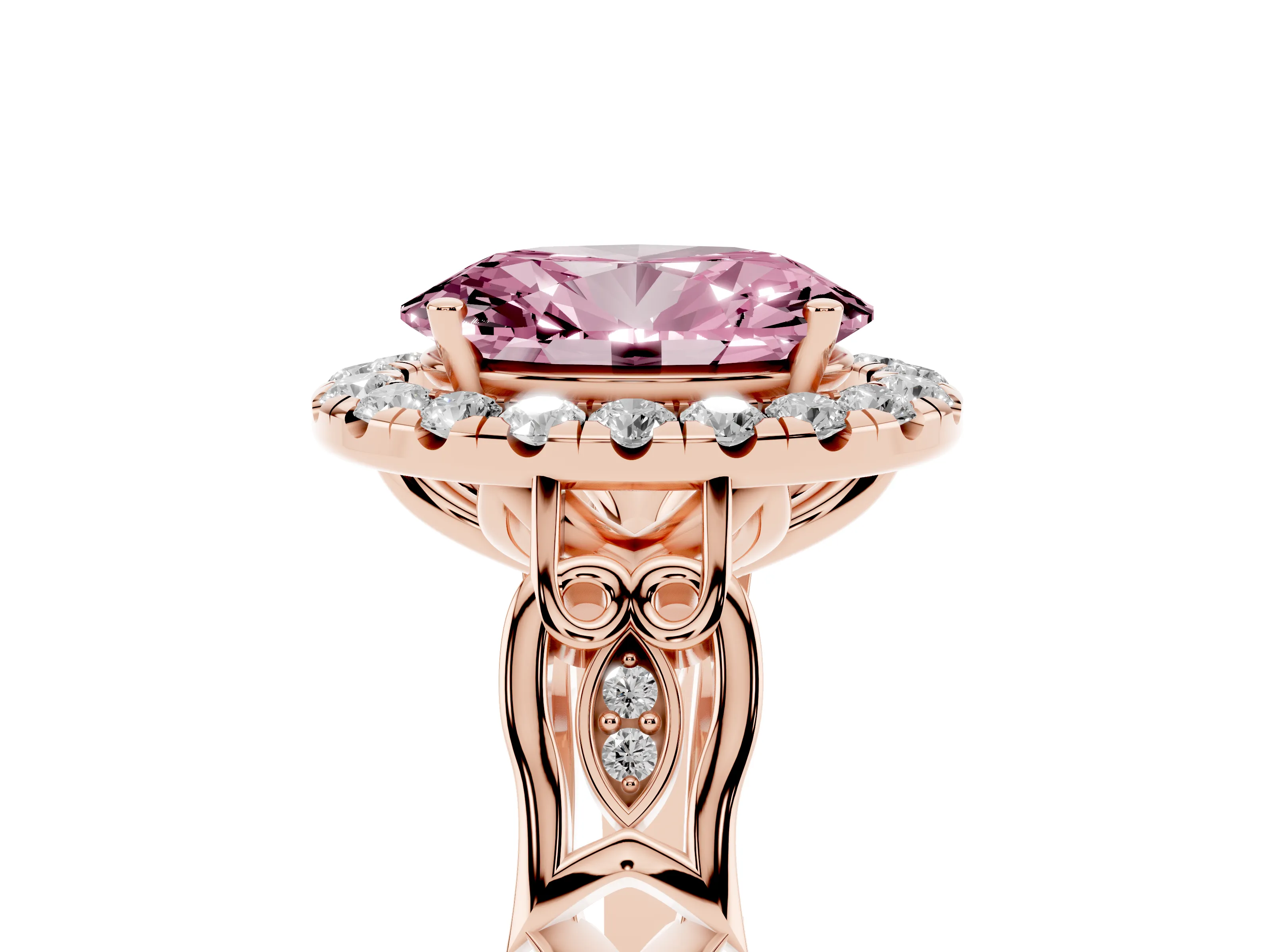 Fancy Pink Oval Cut Diamond Halo Engagement Ring Set in Rose gold with Filigree Band and Prong-Set Center
