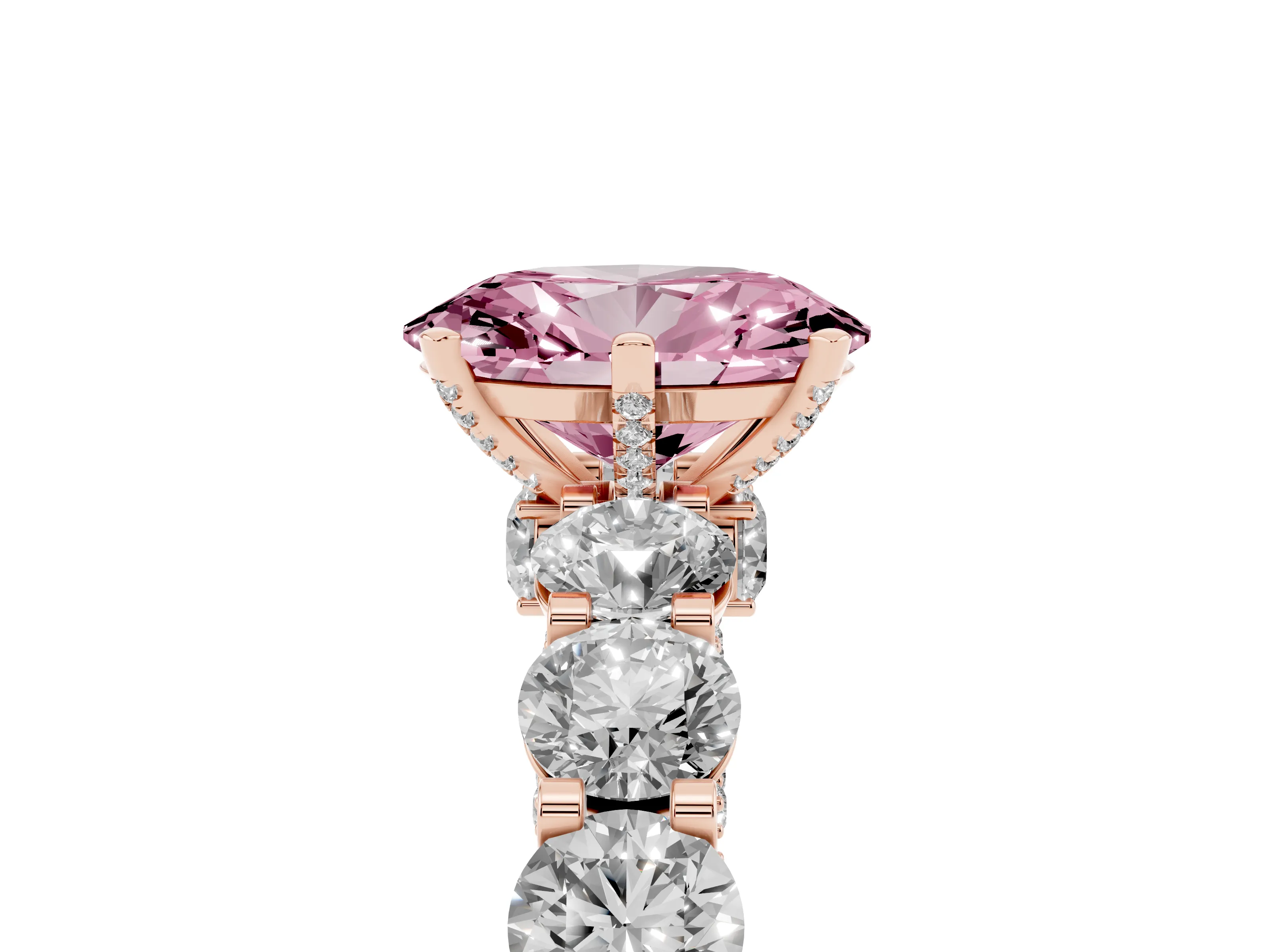 Fancy Pink Oval Cut Diamond Side Stone Ring Set in Rose gold with Alternating Round and Oval Side Stones