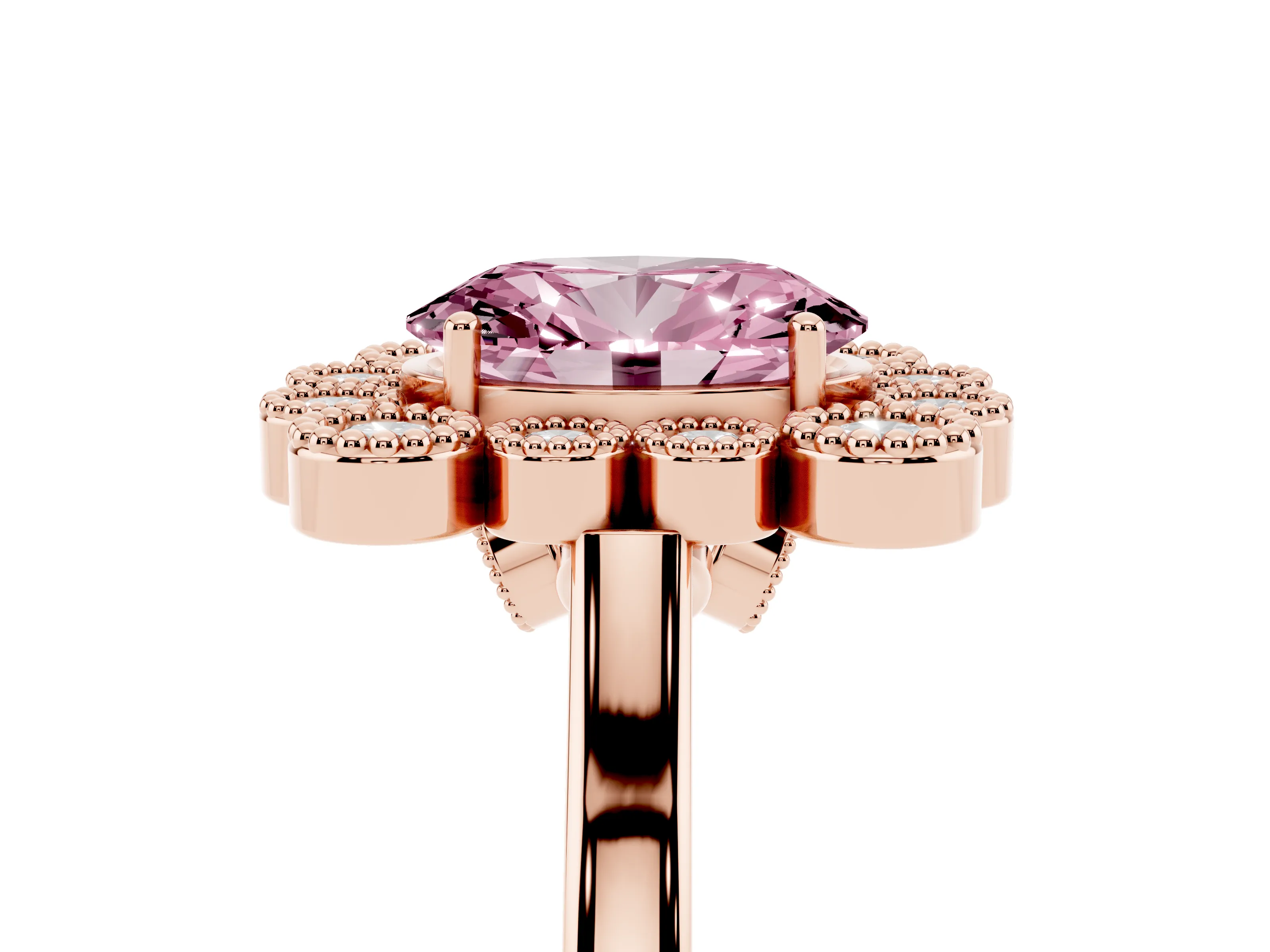 Fancy Pink Oval Cut Diamond Cluster Halo Ring Set in Rose gold with Milgrain Bezel Accents and Plain Band